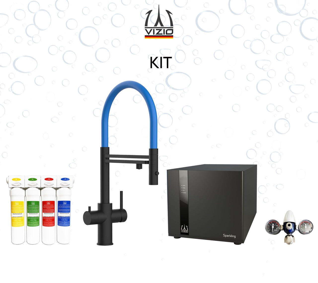 COMPLETE KIT 5 Way Kitchen Filter Tap in Solid STAINLESS STEEL with 360° swivel spout and 2-jets removable Spray, Matt Black PVD + SPARKLING Machine + CO2 pressure reducer + Activated Carbon Water Filtration System