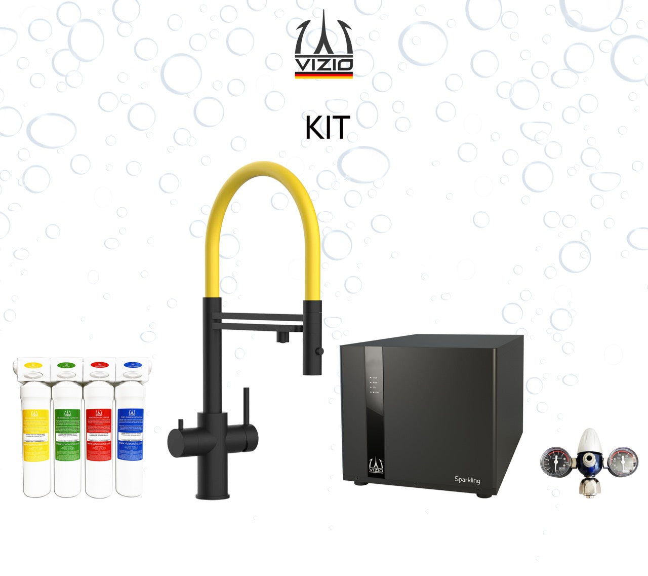 COMPLETE KIT 5 Way Kitchen Filter Tap in Solid STAINLESS STEEL with 360° swivel spout and 2-jets removable Spray, Matt Black PVD + SPARKLING Machine + CO2 pressure reducer + Activated Carbon Water Filtration System