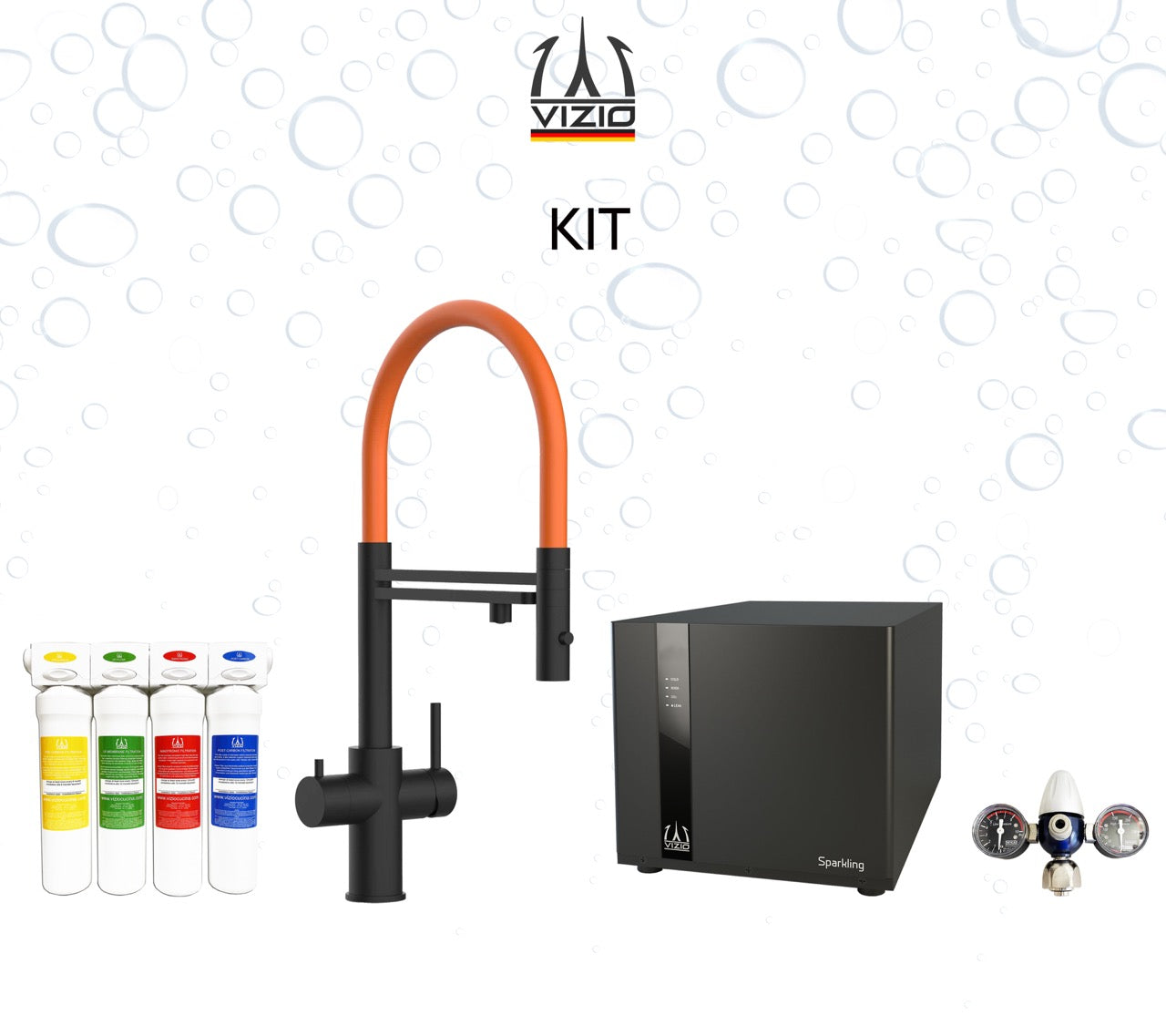 COMPLETE KIT 5 Way Kitchen Filter Tap in Solid STAINLESS STEEL with 360° swivel spout and 2-jets removable Spray, Matt Black PVD + SPARKLING Machine + CO2 pressure reducer + Activated Carbon Water Filtration System