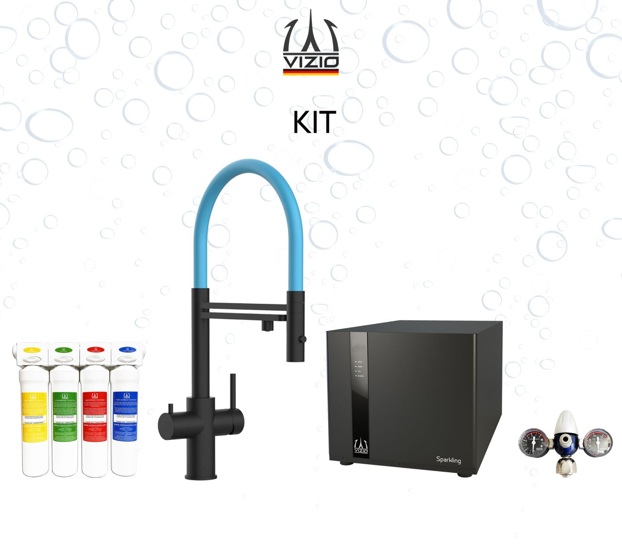 COMPLETE KIT 5 Way Kitchen Filter Tap in Solid STAINLESS STEEL with 360° swivel spout and 2-jets removable Spray, Matt Black PVD + SPARKLING Machine + CO2 pressure reducer + Activated Carbon Water Filtration System