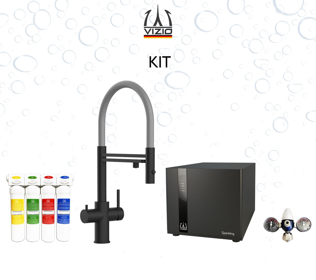 COMPLETE KIT 5 Way Kitchen Filter Tap in Solid STAINLESS STEEL with 360° swivel spout and 2-jets removable Spray, Matt Black PVD + SPARKLING Machine + CO2 pressure reducer + Activated Carbon Water Filtration System
