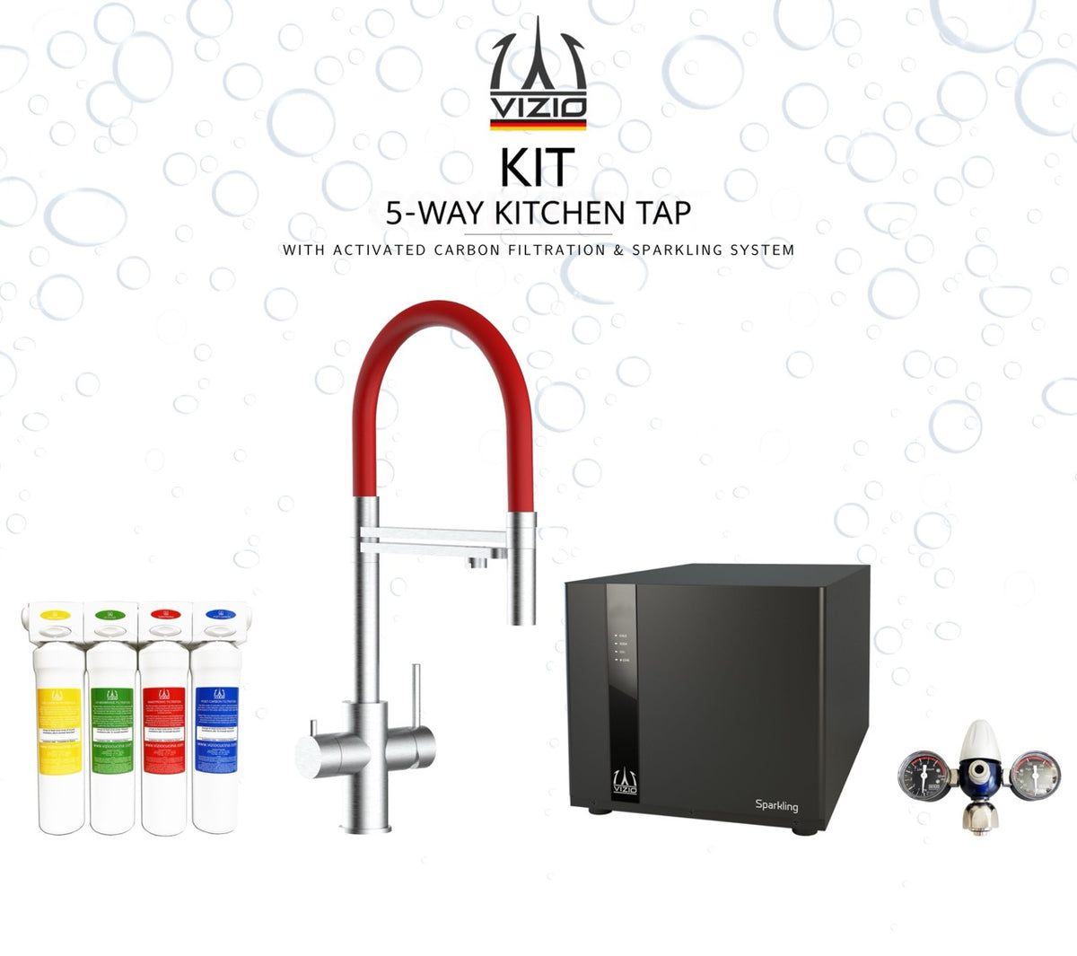 Komplette Anlage: Sprudelanlage + 5 Wege Wasserhahn Küchenarmatur, Edelstahl Massiv mit 360° schwenkbarem Auslauf und abnehmbare 2 strahl Handbrause, Gebürstet + CO2 Druckminderer + 4 Stadien Filterset