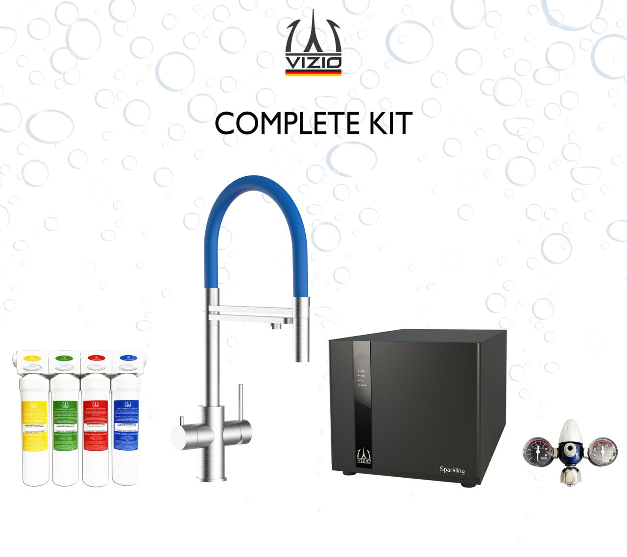 COMPLETE KIT 5 Way Kitchen Filter Tap in Solid STAINLESS STEEL with 360° swivel spout and 2-jets removable Spray, Brushed + SPARKLING Machine + CO2 pressure reducer + Activated Carbon Water Filtration System