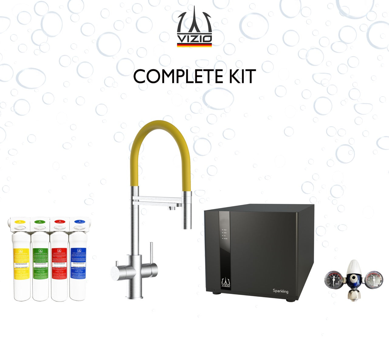 COMPLETE KIT 5 Way Kitchen Filter Tap in Solid STAINLESS STEEL with 360° swivel spout and 2-jets removable Spray, Brushed + SPARKLING Machine + CO2 pressure reducer + Activated Carbon Water Filtration System