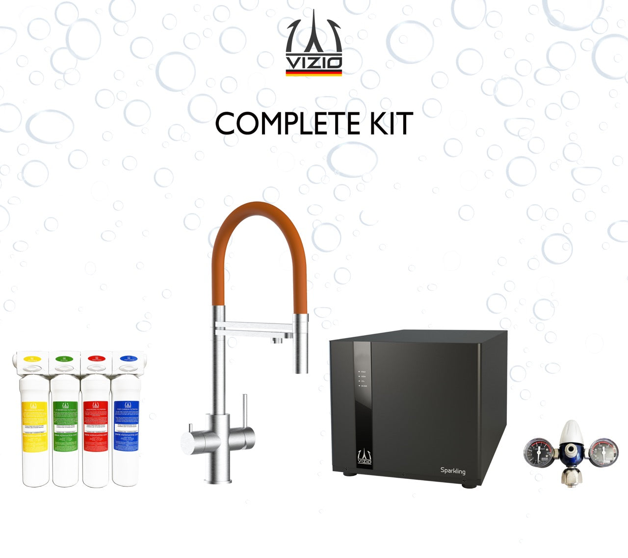COMPLETE KIT 5 Way Kitchen Filter Tap in Solid STAINLESS STEEL with 360° swivel spout and 2-jets removable Spray, Brushed + SPARKLING Machine + CO2 pressure reducer + Activated Carbon Water Filtration System