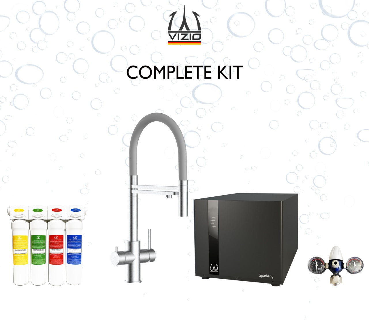 COMPLETE KIT 5 Way Kitchen Filter Tap in Solid STAINLESS STEEL with 360° swivel spout and 2-jets removable Spray, Brushed + SPARKLING Machine + CO2 pressure reducer + Activated Carbon Water Filtration System