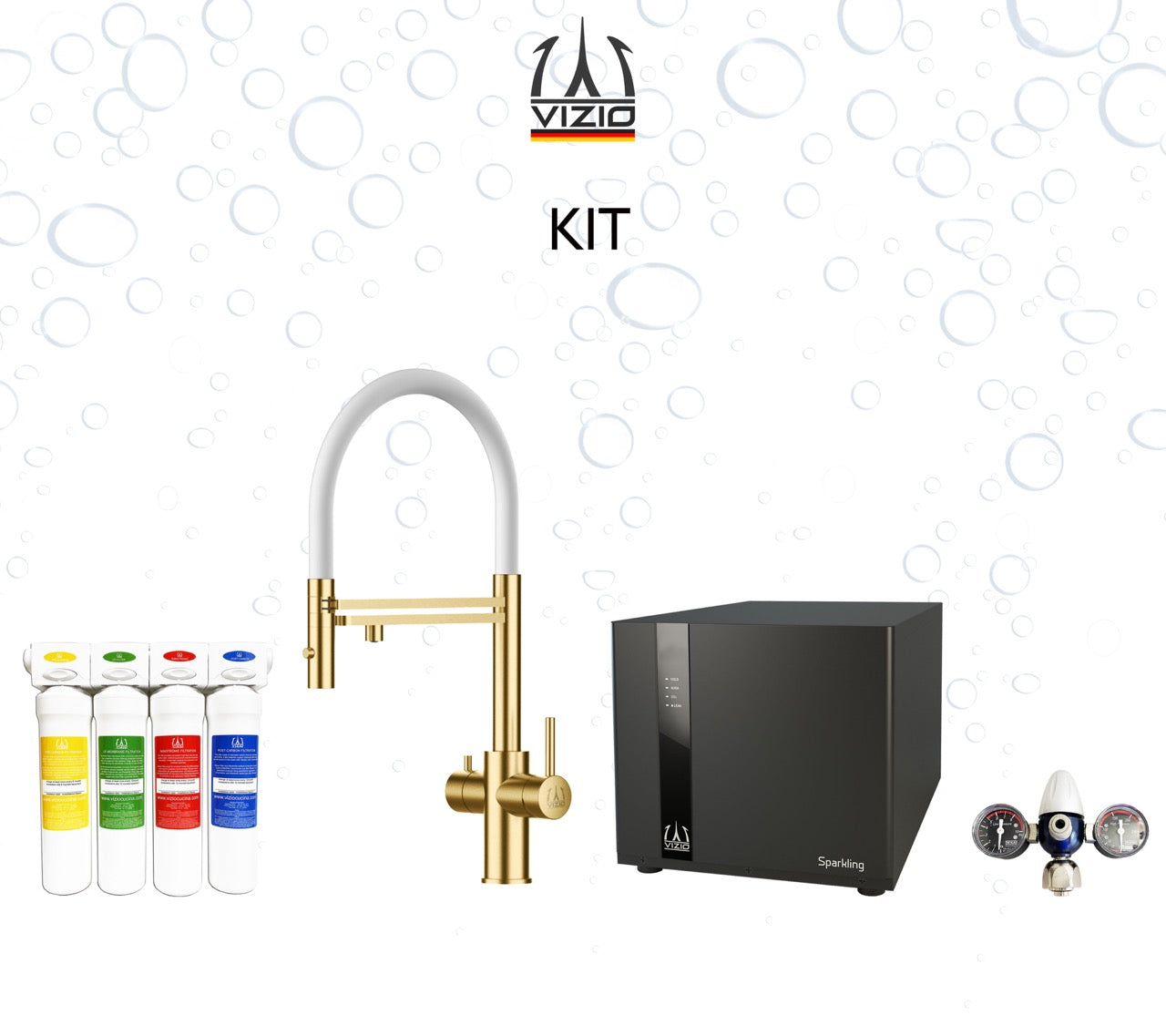 COMPLETE KIT 5 Way Kitchen Filter Tap in Solid STAINLESS STEEL with 360° swivel spout and 2-jets removable Spray, Satin Gold PVD + SPARKLING Machine + CO2 pressure reducer + Activated Carbon Water Filtration System