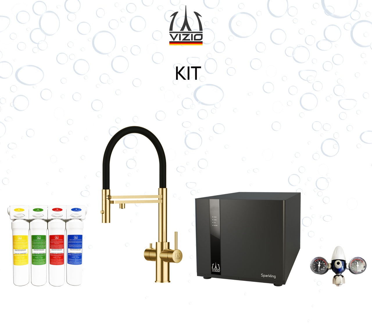 KIT COMPLETO: Rubinetto cucina 5 VIE Acciaio Inox PVD Oro Satinato con doccetta 2 getti + Frigogasatore + Riduttore di pressione CO2 + Sistema filtro a carboni attivi