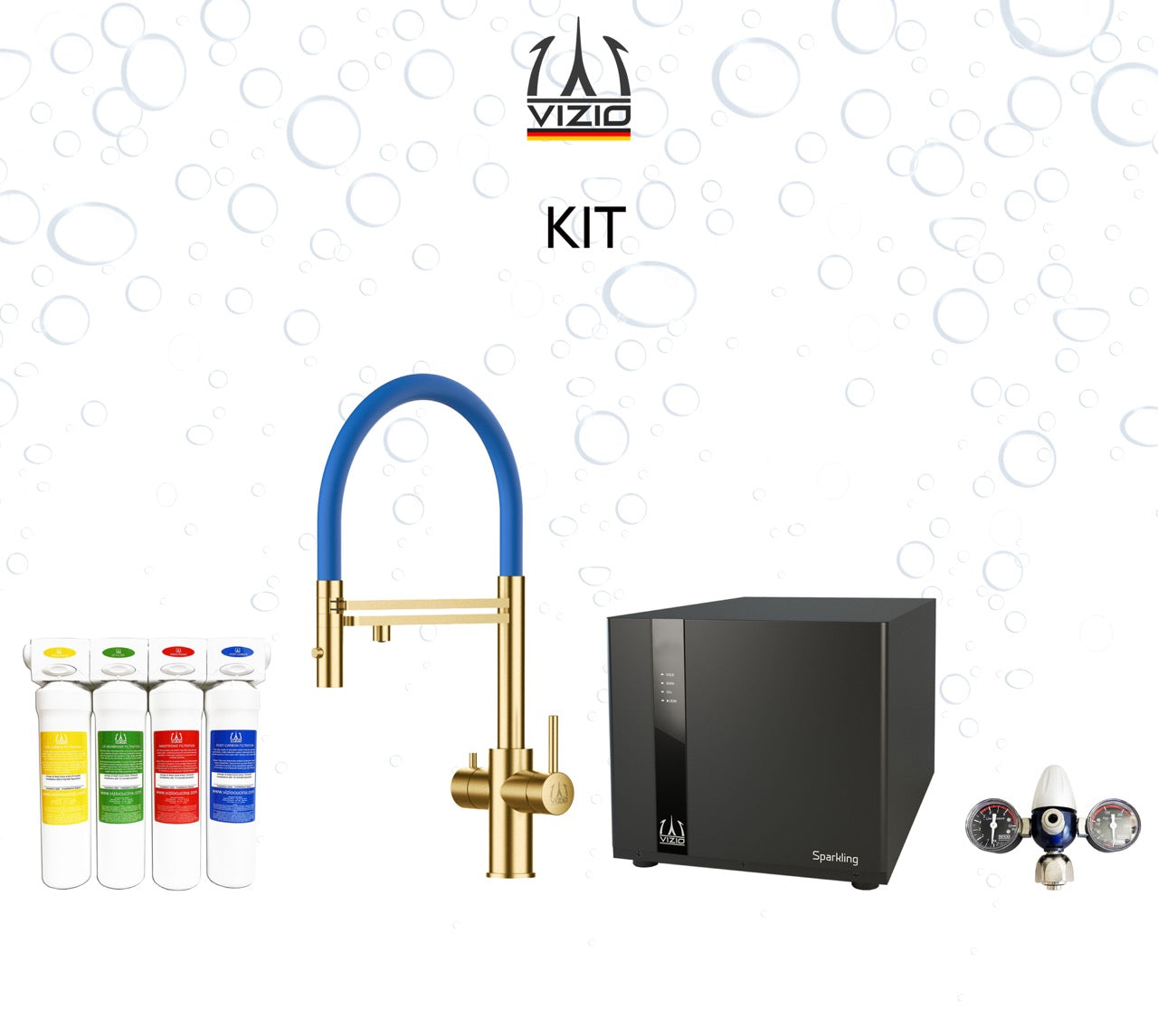 COMPLETE KIT 5 Way Kitchen Filter Tap in Solid STAINLESS STEEL with 360° swivel spout and 2-jets removable Spray, Satin Gold PVD + SPARKLING Machine + CO2 pressure reducer + Activated Carbon Water Filtration System