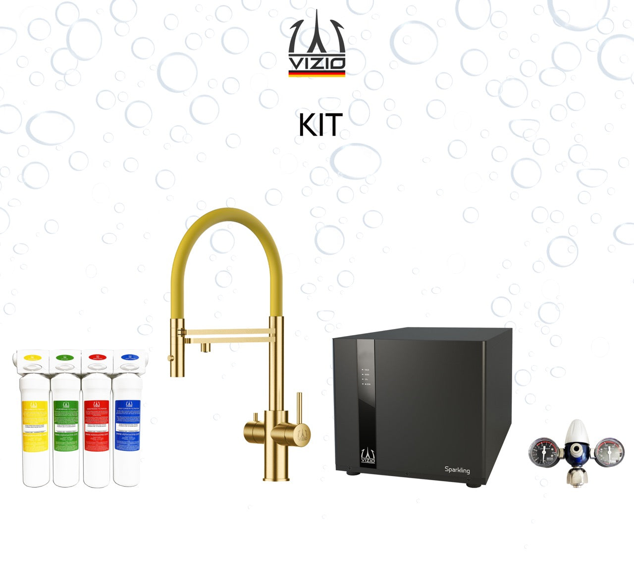 COMPLETE KIT 5 Way Kitchen Filter Tap in Solid STAINLESS STEEL with 360° swivel spout and 2-jets removable Spray, Satin Gold PVD + SPARKLING Machine + CO2 pressure reducer + Activated Carbon Water Filtration System