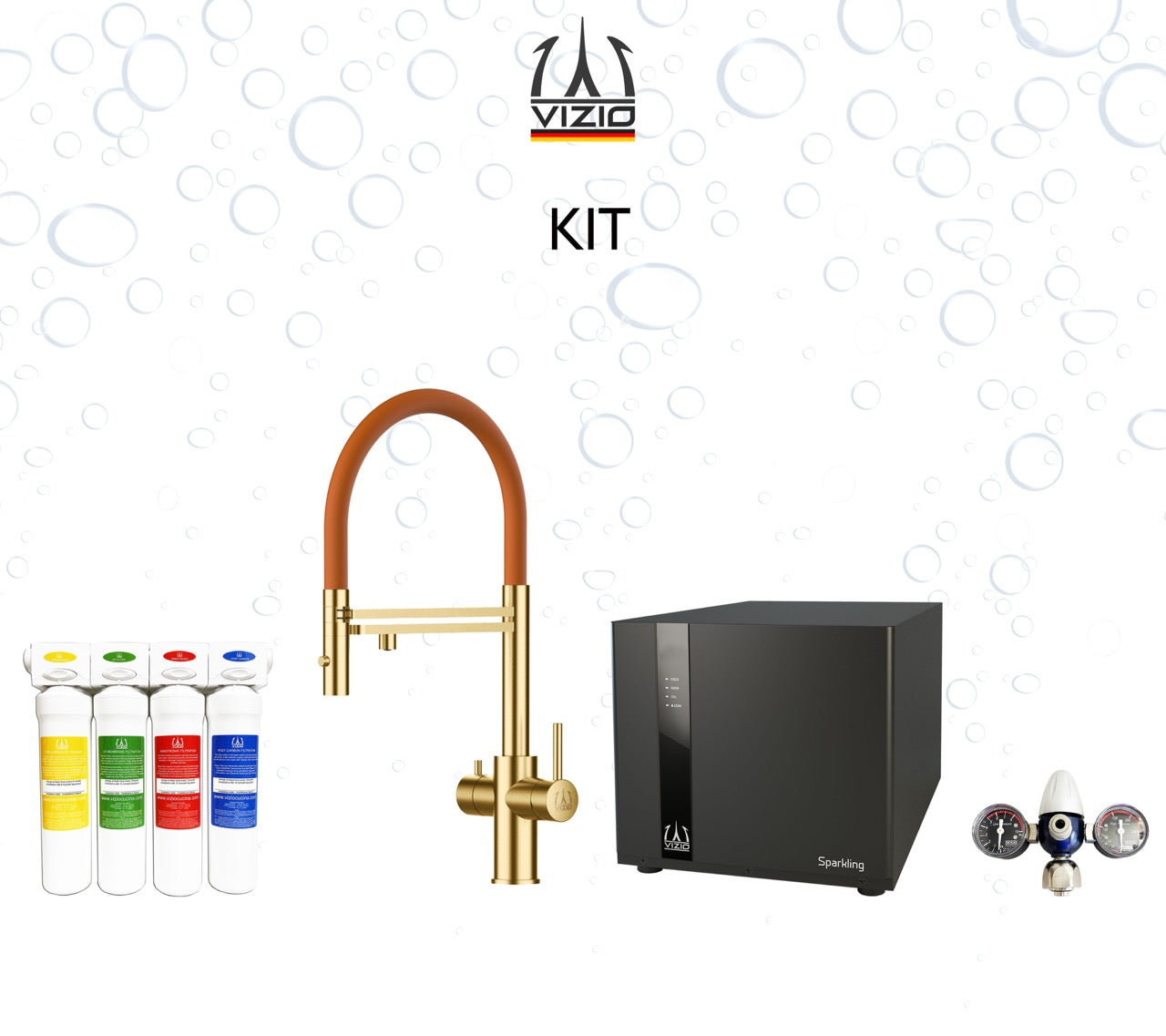 COMPLETE KIT 5 Way Kitchen Filter Tap in Solid STAINLESS STEEL with 360° swivel spout and 2-jets removable Spray, Satin Gold PVD + SPARKLING Machine + CO2 pressure reducer + Activated Carbon Water Filtration System