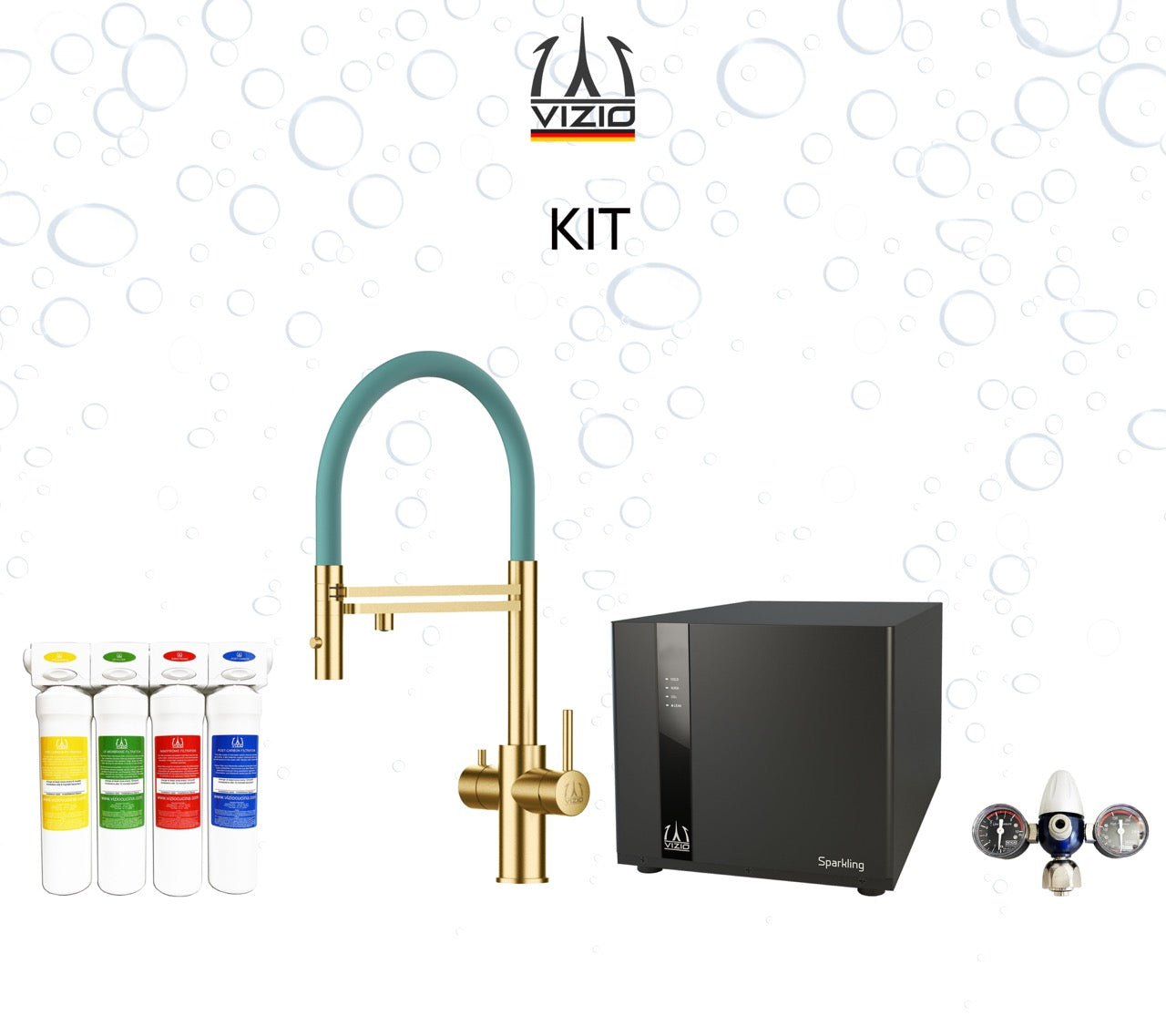 COMPLETE KIT 5 Way Kitchen Filter Tap in Solid STAINLESS STEEL with 360° swivel spout and 2-jets removable Spray, Satin Gold PVD + SPARKLING Machine + CO2 pressure reducer + Activated Carbon Water Filtration System