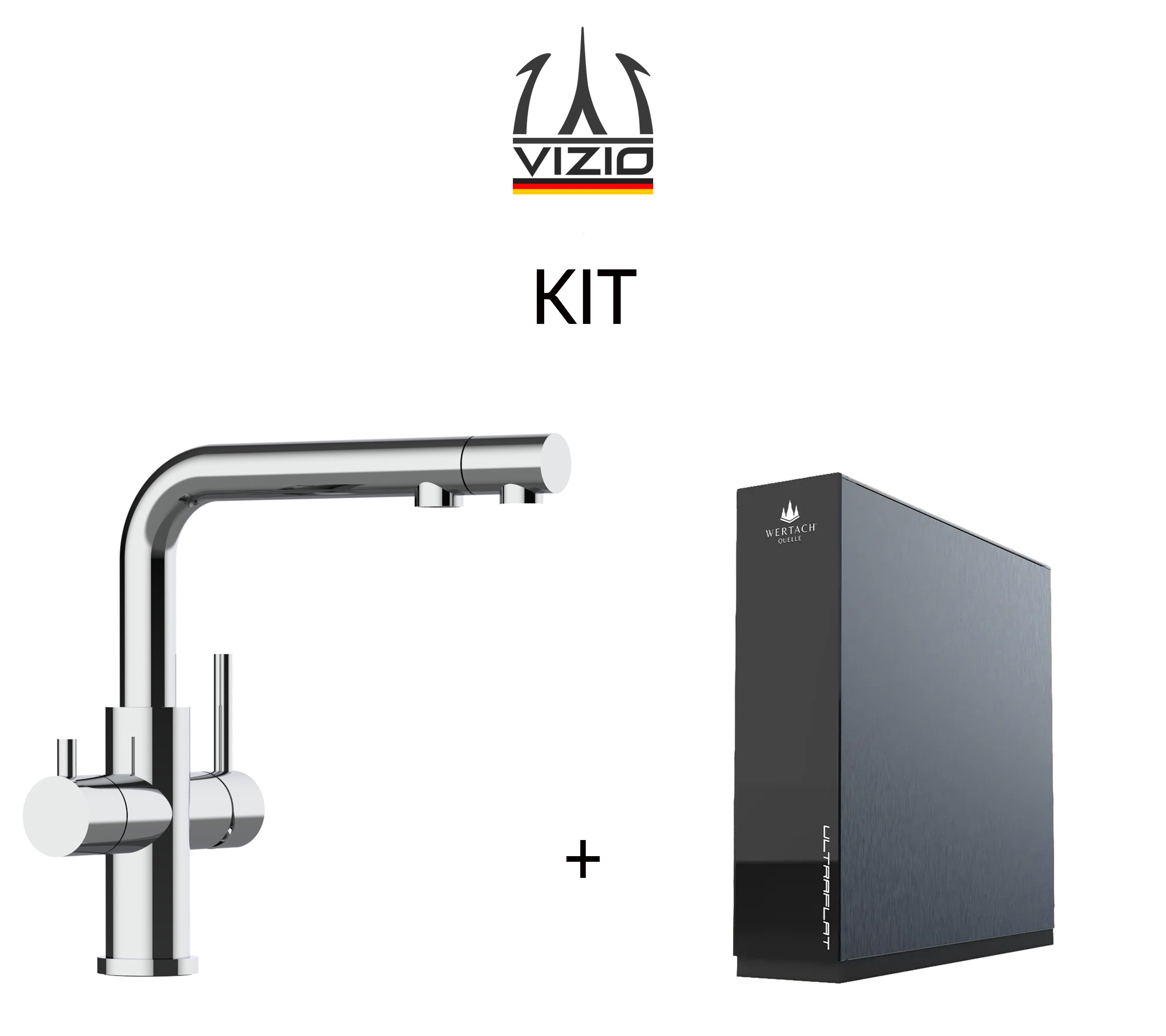 KIT ULTRAFLAT système de filtration par osmose inverse marque Wertach + Mitigeur De Cuisine 3 Voies en ACIER INOXYDABLE Massif, avec bec pivotant et douchette 2-jets extractible, Poli