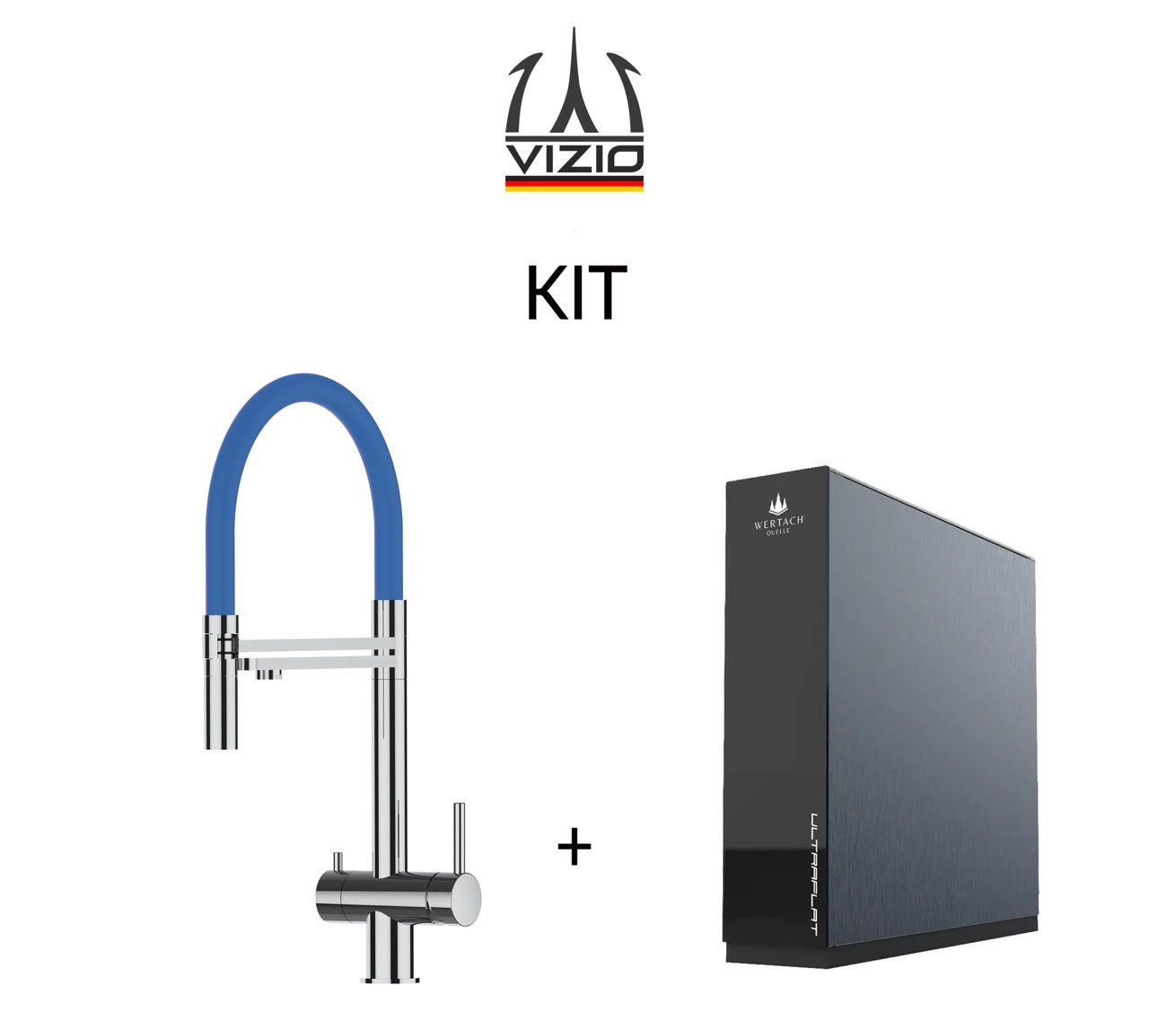 KIT 3 Way Kitchen Filter Tap in Solid STAINLESS STEEL, with 360° swivel spout and 2-jets removable Spray, Polished + Wertach ULTRAFLAT Reverse Osmosis Filter System