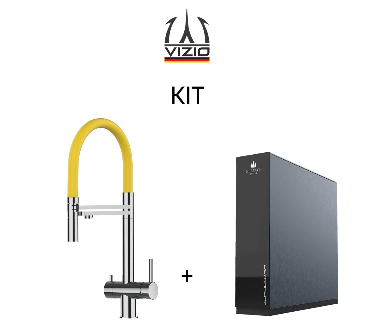 KIT 3 Way Kitchen Filter Tap in Solid STAINLESS STEEL, with 360° swivel spout and 2-jets removable Spray, Polished + Wertach ULTRAFLAT Reverse Osmosis Filter System