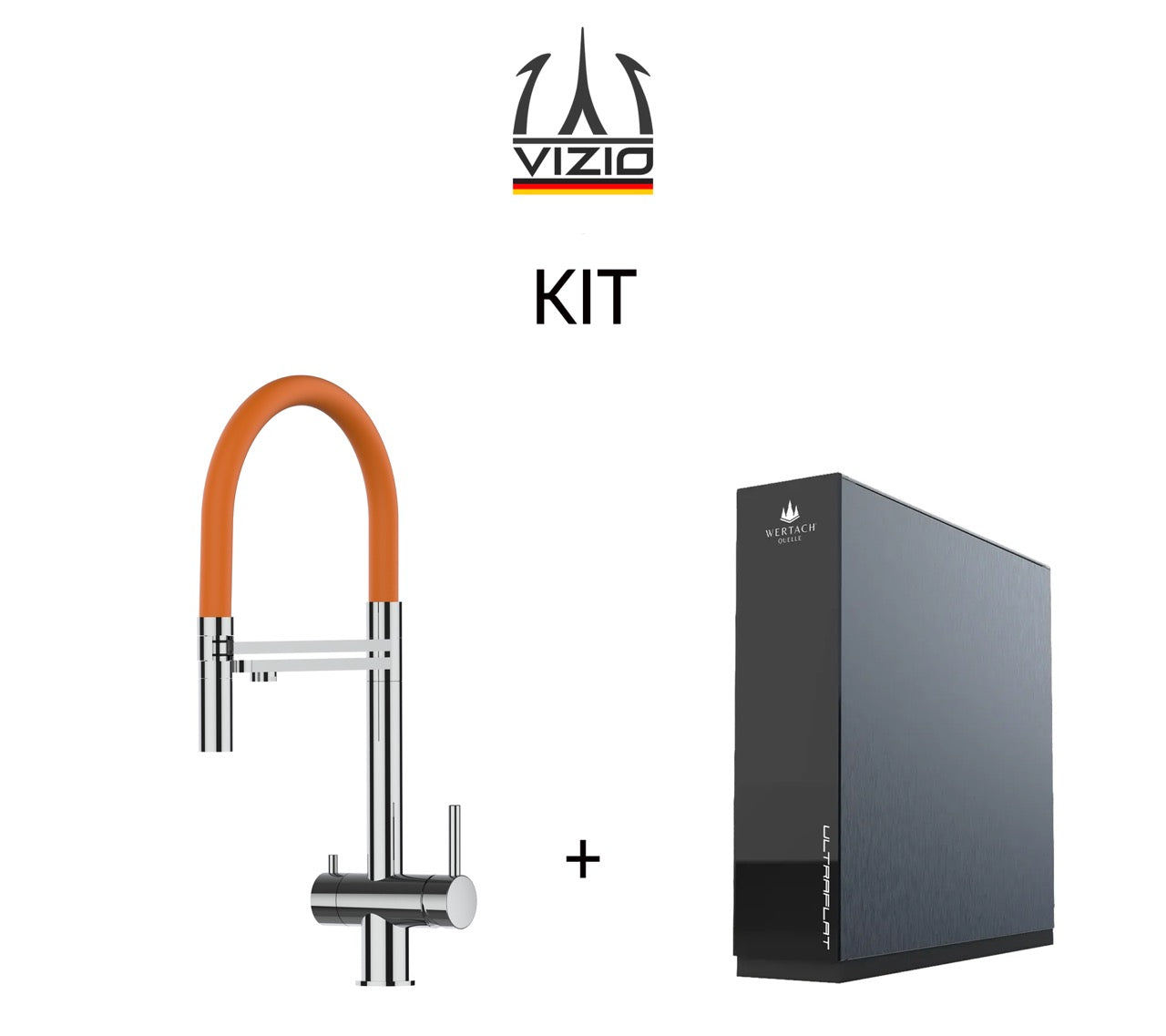 KIT 3 Way Kitchen Filter Tap in Solid STAINLESS STEEL, with 360° swivel spout and 2-jets removable Spray, Polished + Wertach ULTRAFLAT Reverse Osmosis Filter System