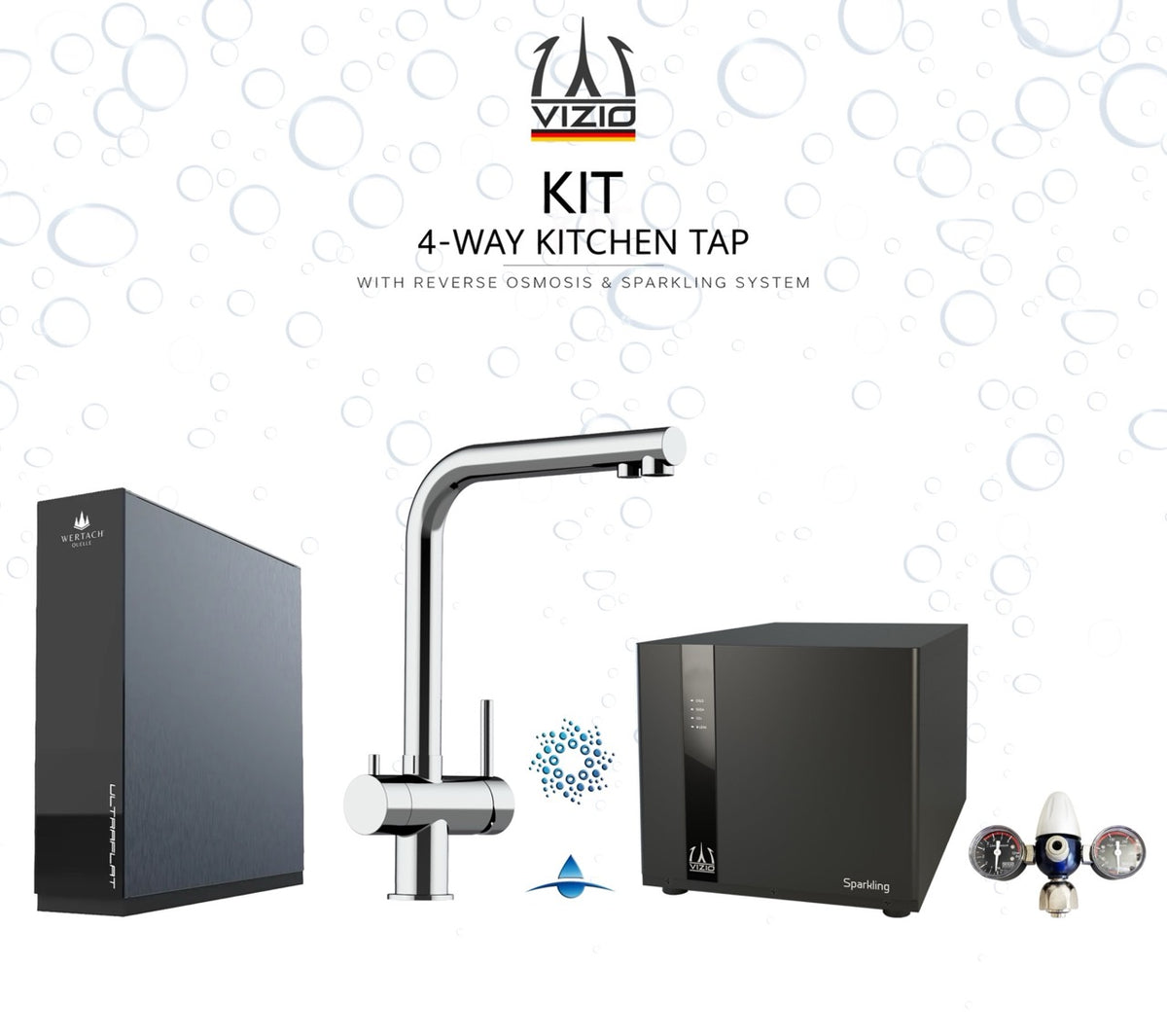Komplette Anlage: Sprudelanlage + 4 Wege Wasserhahn Küchenarmatur, Edelstahl Massiv mit 360° schwenkbarem L-Auslauf, Hochglanz Poliert + CO2 Druckminderer + ULTRAFLAT Umkehrosmose Untertisch System