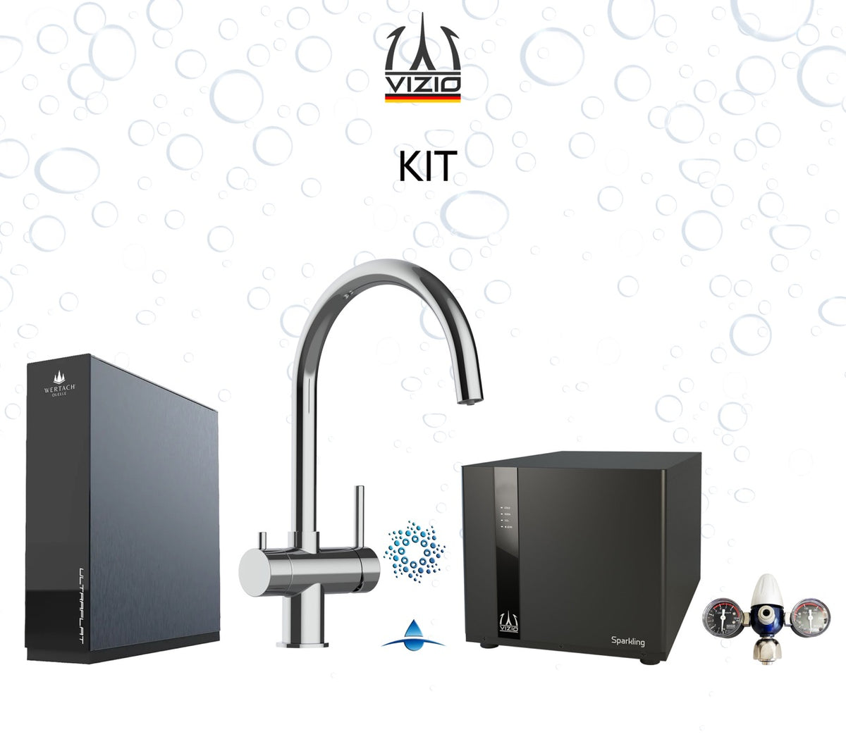 KIT COMPLET: SPARKLING Réfrigérateur Carbonateur + Mitigeur De Cuisine 4 Voies en ACIER INOXYDABLE Massif, avec bec pivotant 360° en U, Poli + Système d'osmose inverse sous comptoir ULTRAFLAT + Réducteur de pression CO2