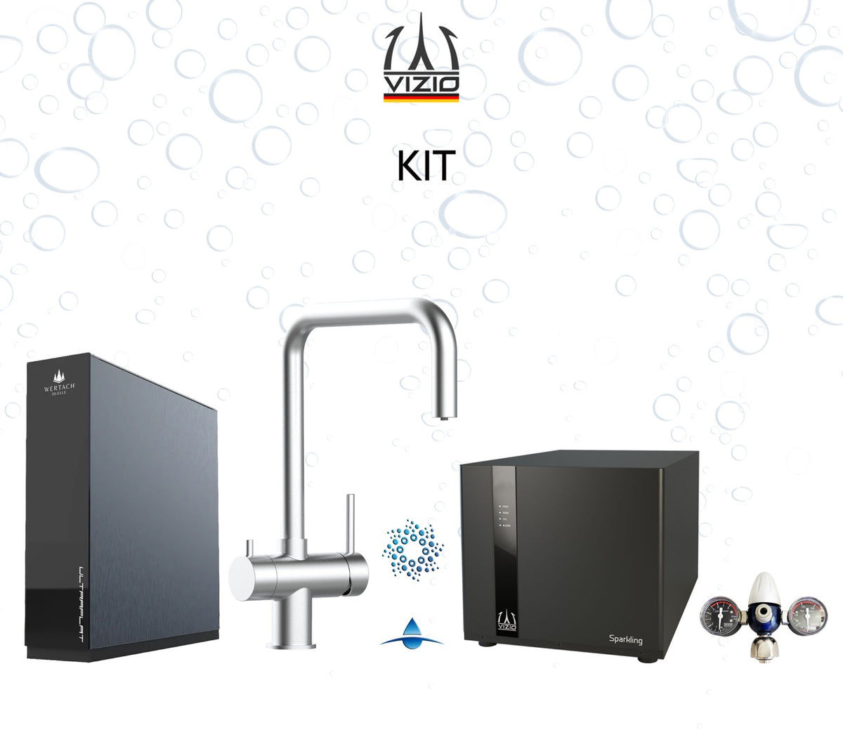KIT COMPLET: SPARKLING Réfrigérateur Carbonateur + Mitigeur De Cuisine 4 Voies en ACIER INOXYDABLE Massif, avec bec pivotant 360° en N, Brossé + Système d'osmose inverse sous comptoir ULTRAFLAT + Réducteur de pression CO2