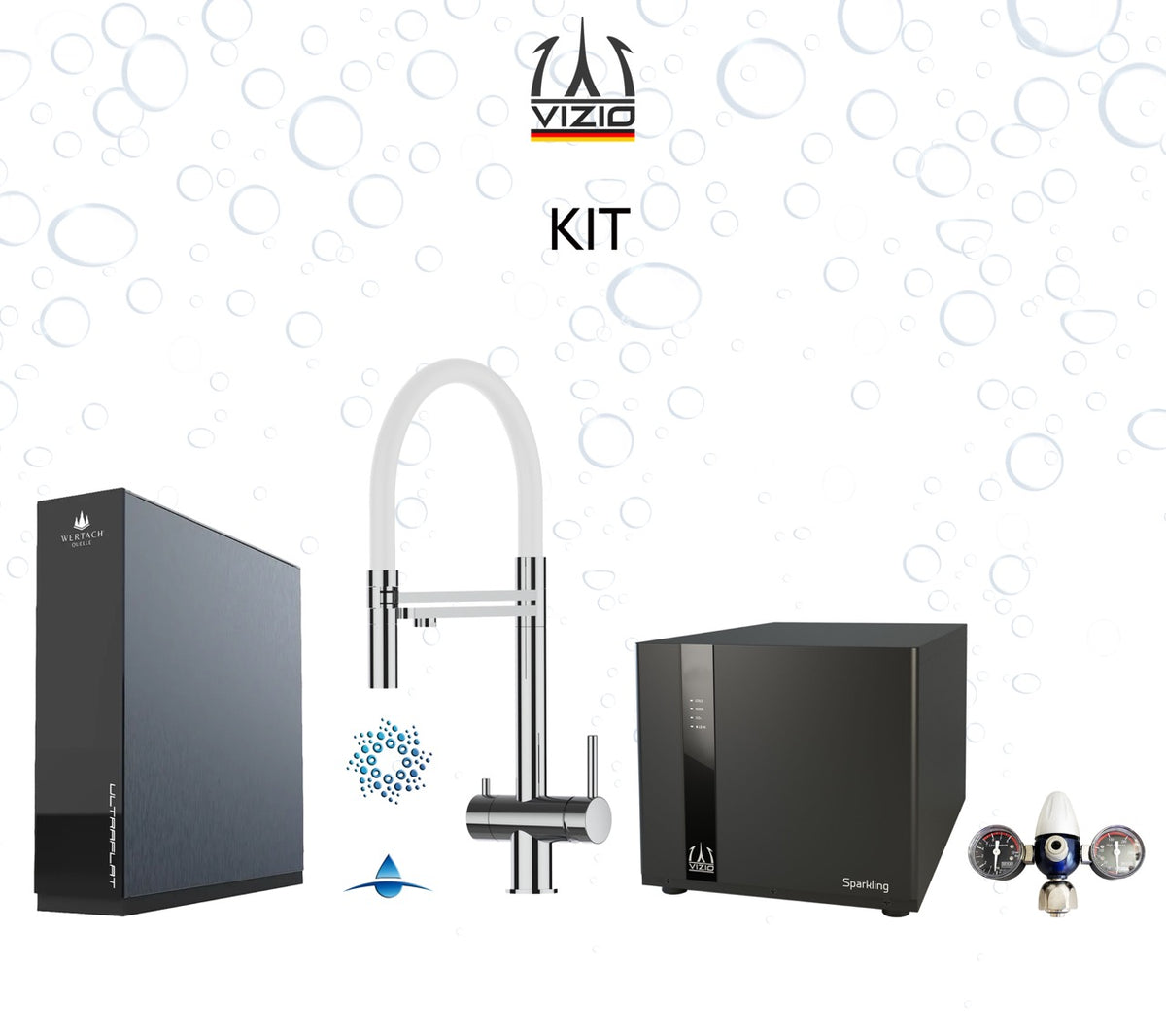 KIT COMPLET: SPARKLING Réfrigérateur Carbonateur + Mitigeur De Cuisine 4 Voies en ACIER INOXYDABLE Massif, avec bec pivotant 360° et douchette 2-jets détachable, Poli + Système d'osmose inverse sous comptoir ULTRAFLAT + Réducteur de pression CO2