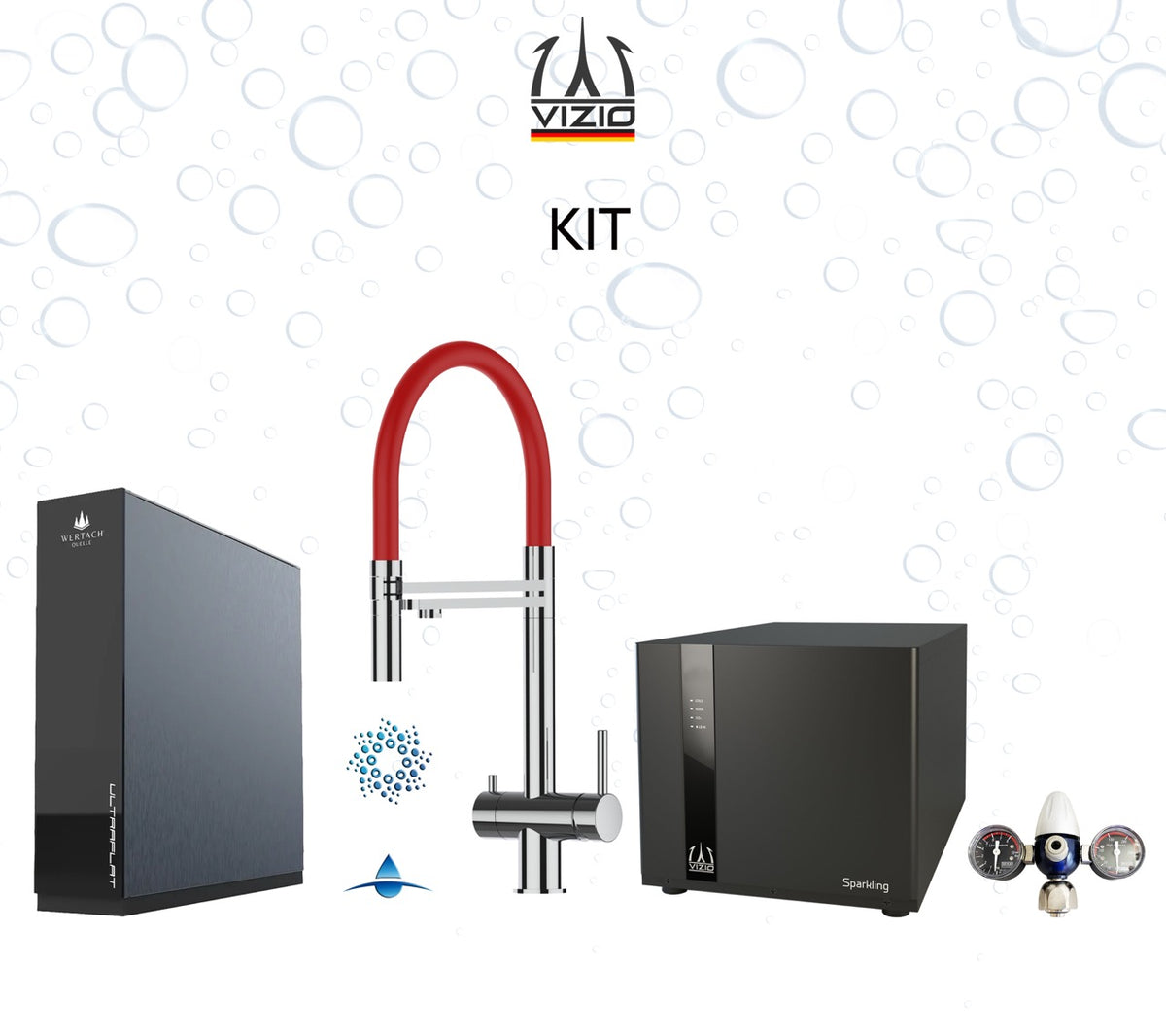 KIT COMPLET: SPARKLING Réfrigérateur Carbonateur + Mitigeur De Cuisine 4 Voies en ACIER INOXYDABLE Massif, avec bec pivotant 360° et douchette 2-jets détachable, Poli + Système d'osmose inverse sous comptoir ULTRAFLAT + Réducteur de pression CO2