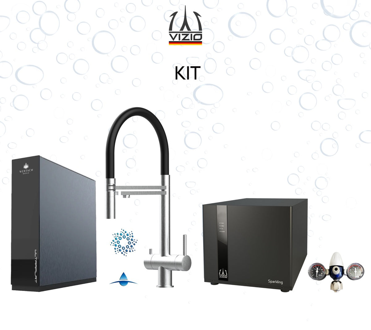 KIT COMPLET: SPARKLING Réfrigérateur Carbonateur + Mitigeur De Cuisine 4 Voies en ACIER INOXYDABLE Massif, avec bec pivotant 360° et douchette 2-jets détachable, Brossé + Système d'osmose inverse sous comptoir ULTRAFLAT + Réducteur de pression CO2