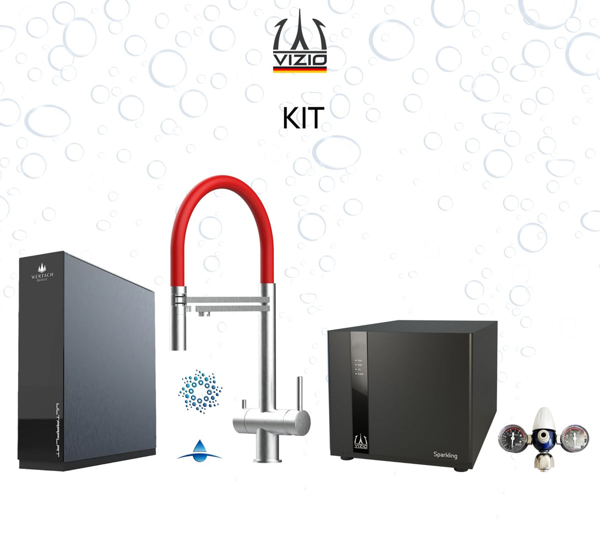 KIT COMPLET: SPARKLING Réfrigérateur Carbonateur + Mitigeur De Cuisine 4 Voies en ACIER INOXYDABLE Massif, avec bec pivotant 360° et douchette 2-jets détachable, Brossé + Système d'osmose inverse sous comptoir ULTRAFLAT + Réducteur de pression CO2