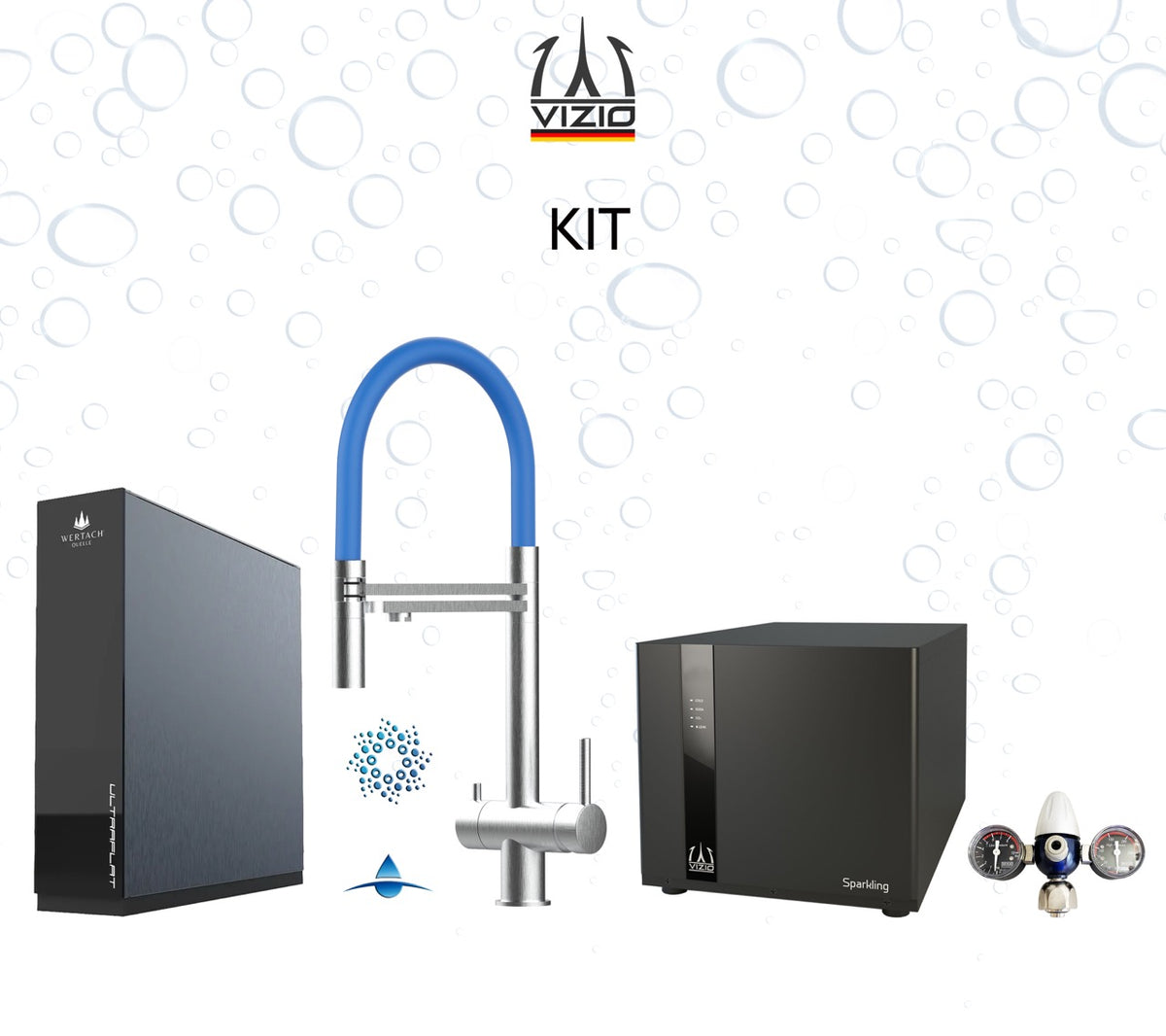 KIT COMPLET: SPARKLING Réfrigérateur Carbonateur + Mitigeur De Cuisine 4 Voies en ACIER INOXYDABLE Massif, avec bec pivotant 360° et douchette 2-jets détachable, Brossé + Système d'osmose inverse sous comptoir ULTRAFLAT + Réducteur de pression CO2