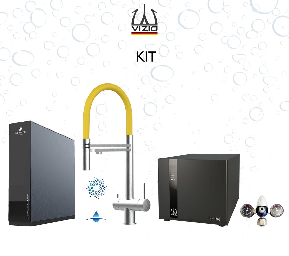 KIT COMPLET: SPARKLING Réfrigérateur Carbonateur + Mitigeur De Cuisine 4 Voies en ACIER INOXYDABLE Massif, avec bec pivotant 360° et douchette 2-jets détachable, Brossé + Système d'osmose inverse sous comptoir ULTRAFLAT + Réducteur de pression CO2