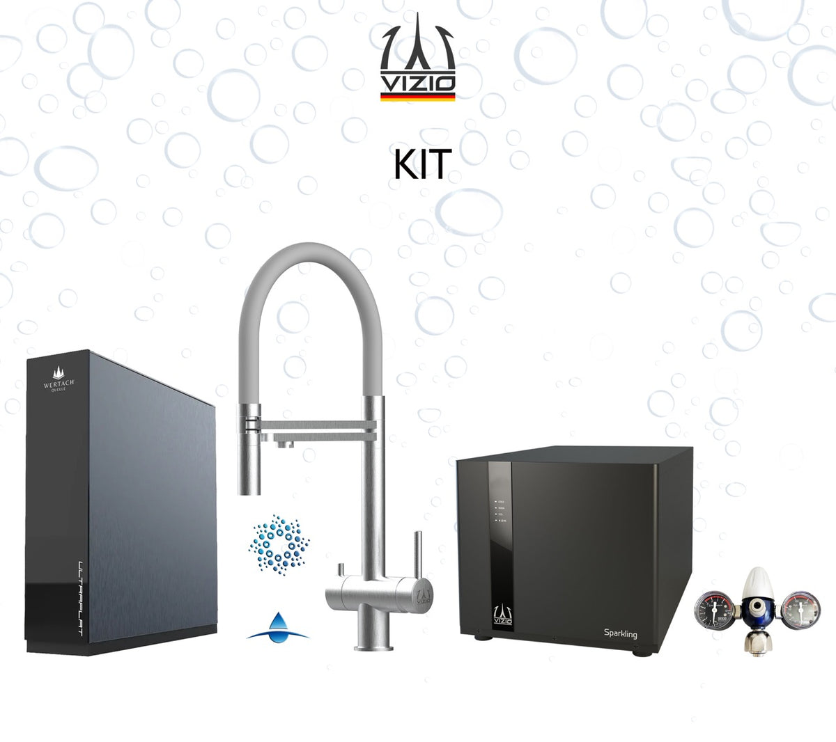 KIT COMPLET: SPARKLING Réfrigérateur Carbonateur + Mitigeur De Cuisine 4 Voies en ACIER INOXYDABLE Massif, avec bec pivotant 360° et douchette 2-jets détachable, Brossé + Système d'osmose inverse sous comptoir ULTRAFLAT + Réducteur de pression CO2