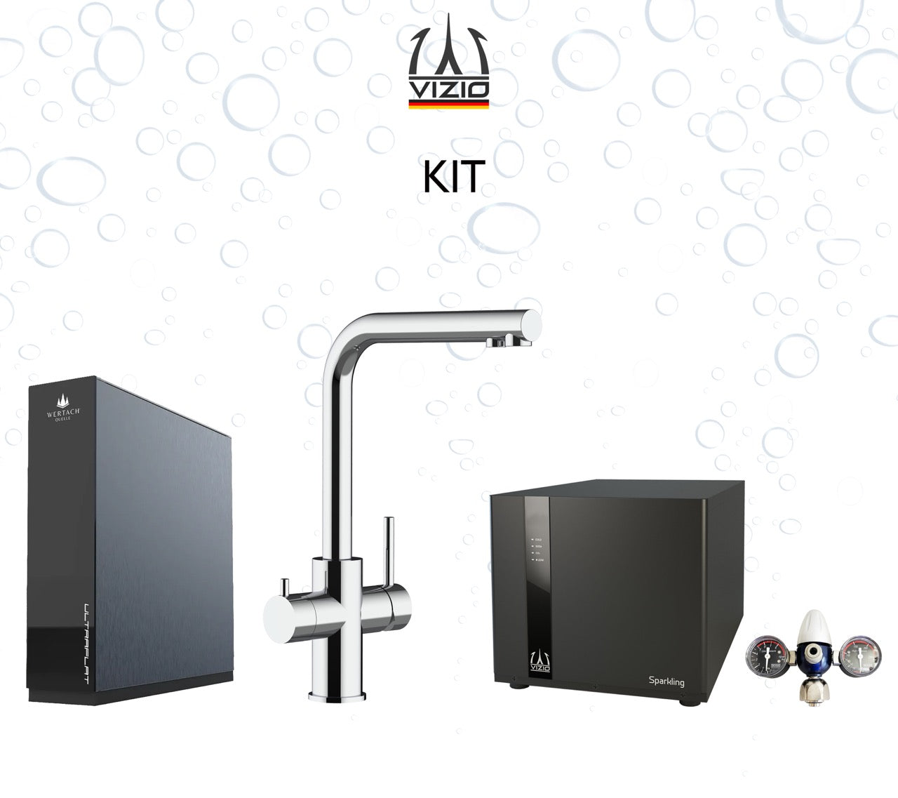Komplette Anlage: Sprudelanlage + 5 Wege Wasserhahn Küchenarmatur, Edelstahl Massiv mit 360° schwenkbarem L-Auslauf, Hochglanz + CO2 Druckminderer + ULTRAFLAT Umkehrosmose Untertisch System