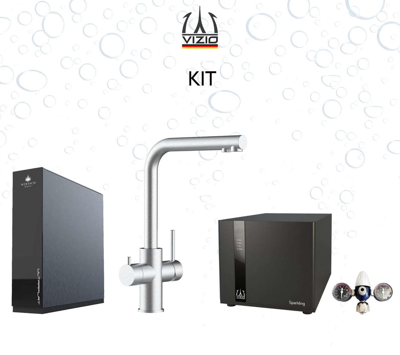 COMPLETE KIT 5 Way Kitchen Filter Tap in Solid STAINLESS STEEL, with 360° Swivel L-Spout, Brushed + SPARKLING Machine + CO2 pressure reducer + Wertach ULTRAFLAT Reverse Osmosis Filter System