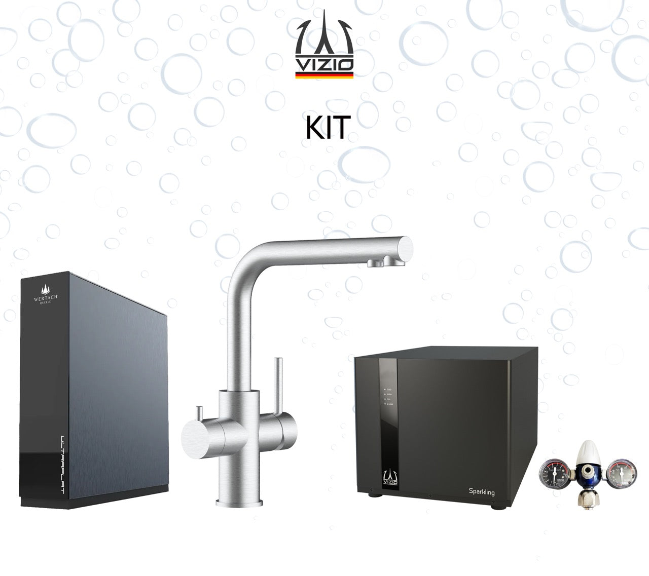 KIT COMPLET: SPARKLING Réfrigérateur Carbonateur + Mitigeur De Cuisine 5 Voies en ACIER INOXYDABLE Massif, avec bec pivotant 360° en L, Brossé, Version Courte + Système d'osmose inverse sous comptoir ULTRAFLAT + Réducteur de pression CO2