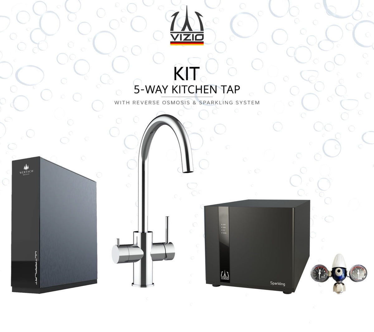 KIT COMPLETO: Rubinetto cucina 5 VIE in ACCIAIO INOX Lucido, canna a U girevole a 360° + Frigogasatore + Riduttore di pressione CO2 + ULTRAFLAT Sistema ad osmosi inversa sottolavello