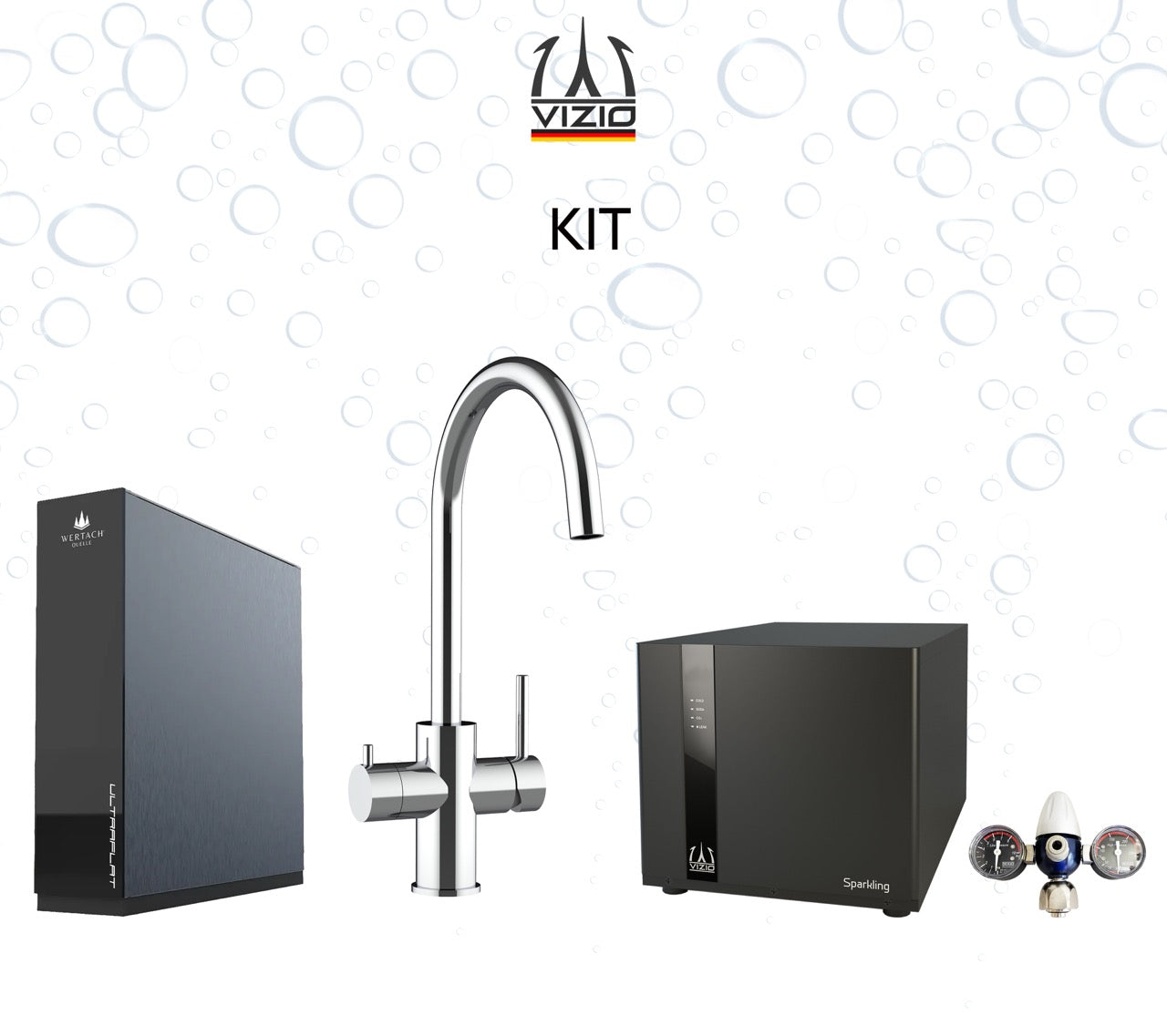 Komplette Anlage: Sprudelanlage + 5 Wege Wasserhahn Küchenarmatur, Edelstahl Massiv mit 360° schwenkbarem U-Auslauf, Hochglanz + CO2 Druckminderer + ULTRAFLAT Umkehrosmose Untertisch System
