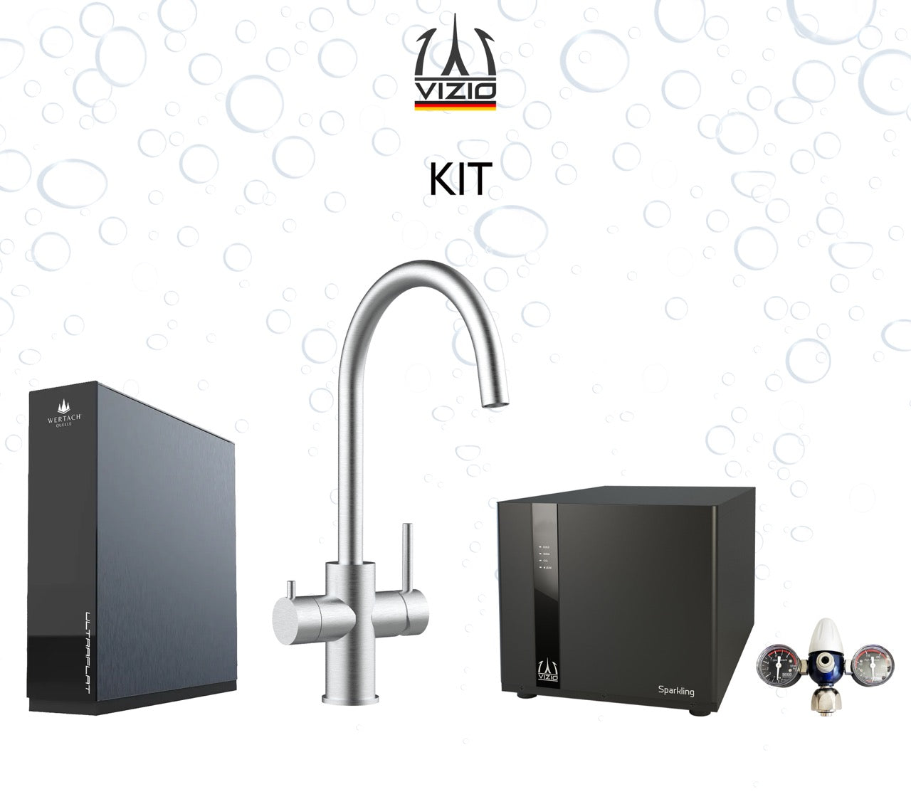 Komplette Anlage: Sprudelanlage + 5 Wege Wasserhahn Küchenarmatur, Edelstahl Massiv mit 360° schwenkbarem U-Auslauf, Gebürstet + CO2 Druckminderer + ULTRAFLAT Umkehrosmose Untertisch System