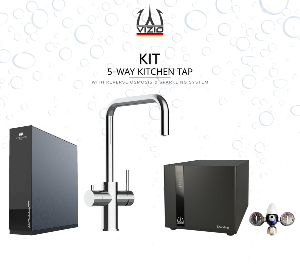 KIT COMPLETO: Rubinetto cucina 5 VIE in ACCIAIO INOX Lucido, canna a N girevole a 360° + Frigogasatore + Riduttore di pressione CO2 + ULTRAFLAT Sistema ad osmosi inversa sottolavello