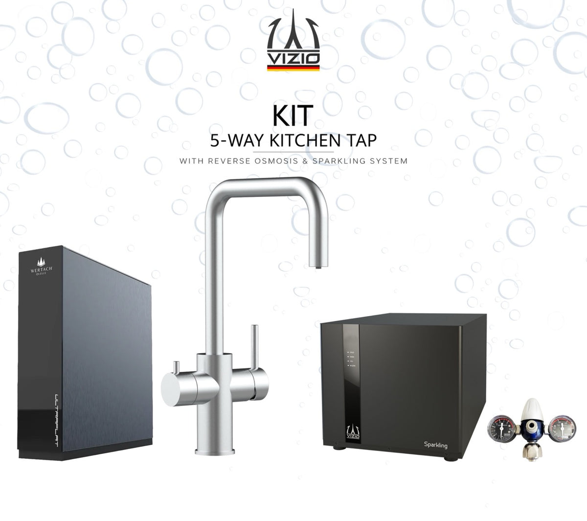 KIT COMPLETO: Rubinetto cucina 5 VIE in ACCIAIO INOX Spazzolato, canna a N girevole a 360° + Frigogasatore + Riduttore di pressione CO2 + ULTRAFLAT Sistema ad osmosi inversa sottolavello