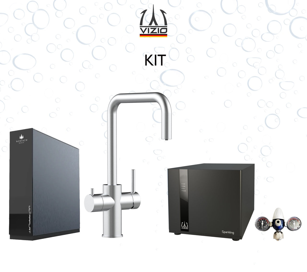 COMPLETE KIT 5 Way Kitchen Filter Tap in Solid STAINLESS STEEL, with 360° Swivel N-Spout, Brushed + SPARKLING Machine + CO2 pressure reducer + Wertach ULTRAFLAT Reverse Osmosis Filter System