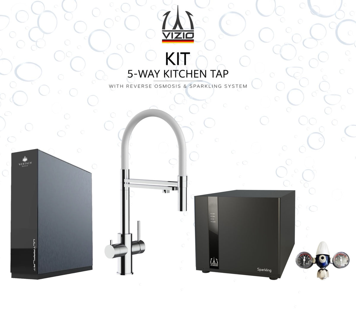 KIT COMPLETO: SPARKLING Enfriador Gasificador Agua + Grifo de Cocina 5 Vías in Acero Inoxidable Macizo, con caño giratorio 360° y ducha 2 chorros amovible, Pulido + Sistema de ósmosis inversa ULTRAFLAT + Reductor de presión de CO2