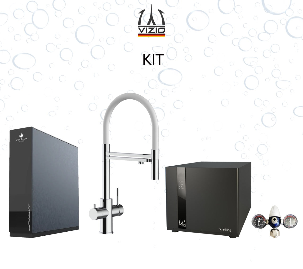 Komplette Anlage: Sprudelanlage + 5 Wege Wasserhahn Küchenarmatur, Edelstahl Massiv mit 360° schwenkbarem Auslauf und abnehmbare 2 strahl Handbrause, Hochglanz + CO2 Druckminderer + ULTRAFLAT Umkehrosmose Untertisch System