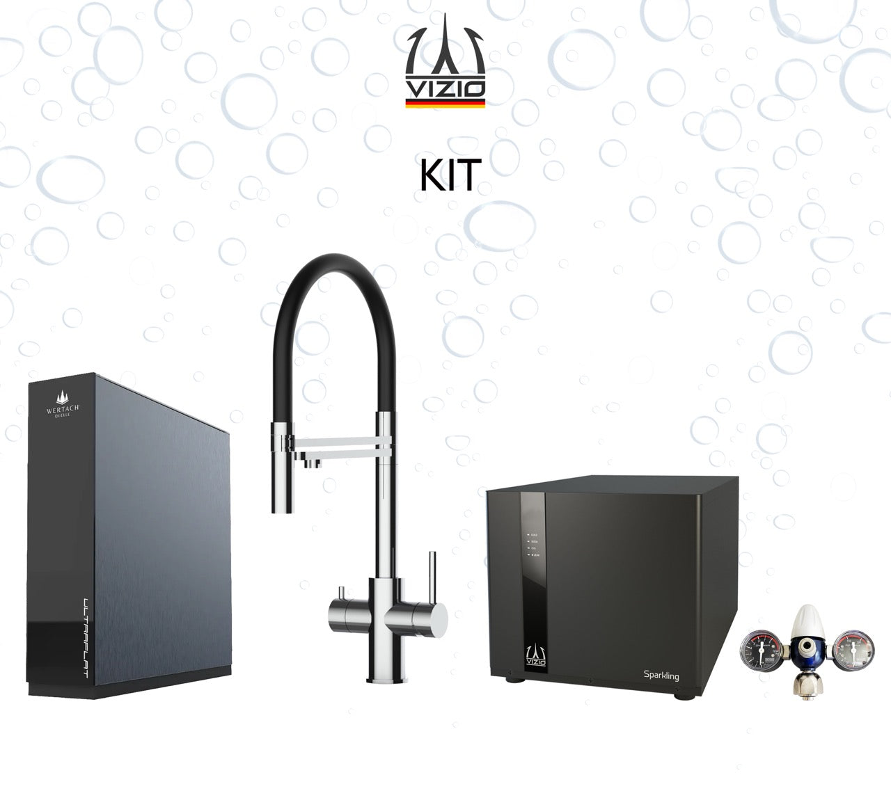 Komplette Anlage: Sprudelanlage + 5 Wege Wasserhahn Küchenarmatur, Edelstahl Massiv mit 360° schwenkbarem Auslauf und abnehmbare 2 strahl Handbrause, Hochglanz + CO2 Druckminderer + ULTRAFLAT Umkehrosmose Untertisch System