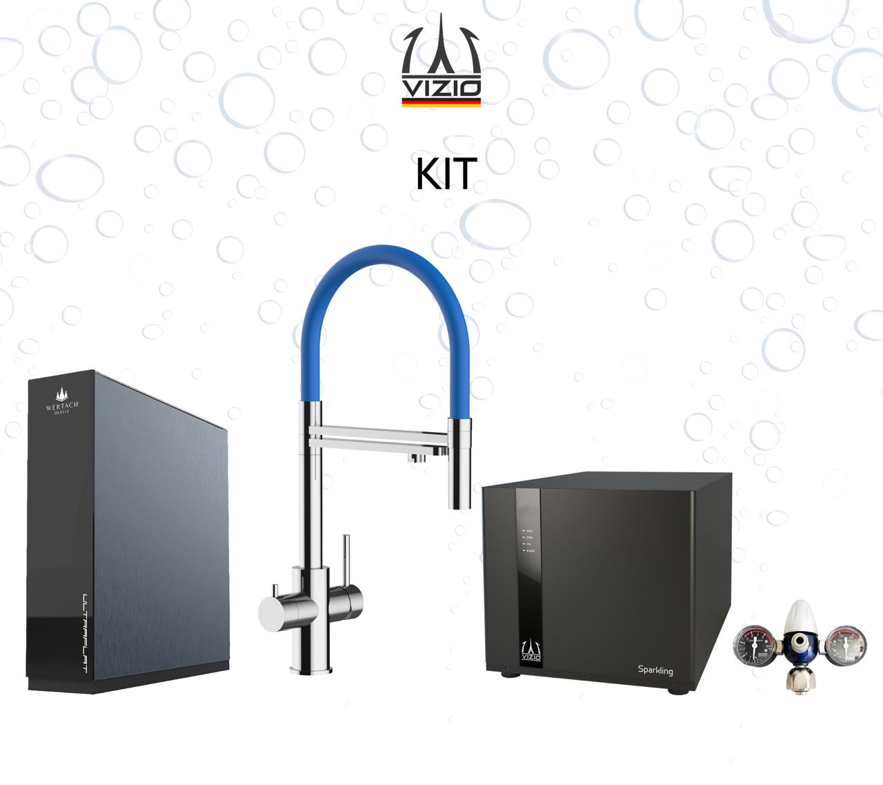 Komplette Anlage: Sprudelanlage + 5 Wege Wasserhahn Küchenarmatur, Edelstahl Massiv mit 360° schwenkbarem Auslauf und abnehmbare 2 strahl Handbrause, Hochglanz + CO2 Druckminderer + ULTRAFLAT Umkehrosmose Untertisch System