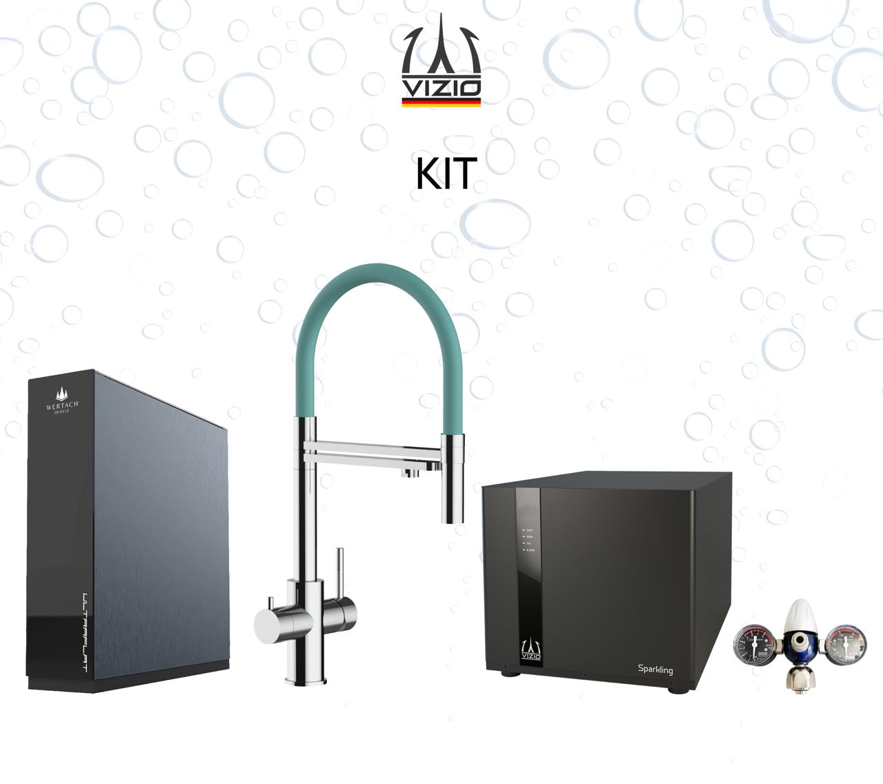 Komplette Anlage: Sprudelanlage + 5 Wege Wasserhahn Küchenarmatur, Edelstahl Massiv mit 360° schwenkbarem Auslauf und abnehmbare 2 strahl Handbrause, Hochglanz + CO2 Druckminderer + ULTRAFLAT Umkehrosmose Untertisch System