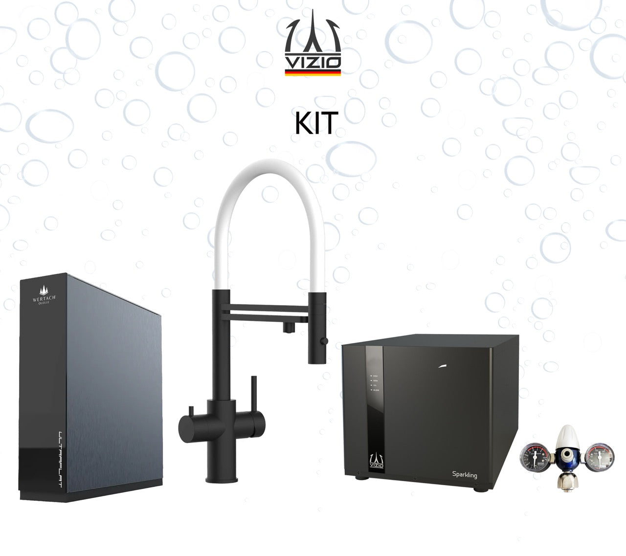 Komplette Anlage: Sprudelanlage + 5 Wege Wasserhahn Küchenarmatur, Edelstahl Massiv mit 360° schwenkbarem Auslauf und abnehmbare 2 strahl Handbrause, PVD Schwarz Matt + CO2 Druckminderer + ULTRAFLAT Umkehrosmose Untertisch System
