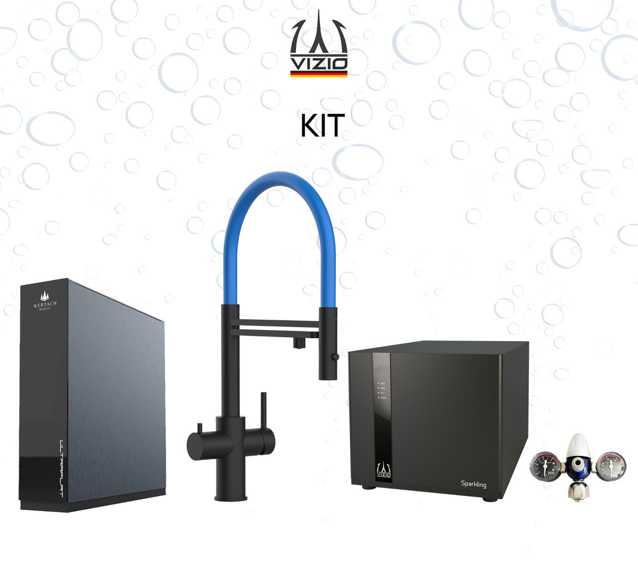 Komplette Anlage: Sprudelanlage + 5 Wege Wasserhahn Küchenarmatur, Edelstahl Massiv mit 360° schwenkbarem Auslauf und abnehmbare 2 strahl Handbrause, PVD Schwarz Matt + CO2 Druckminderer + ULTRAFLAT Umkehrosmose Untertisch System