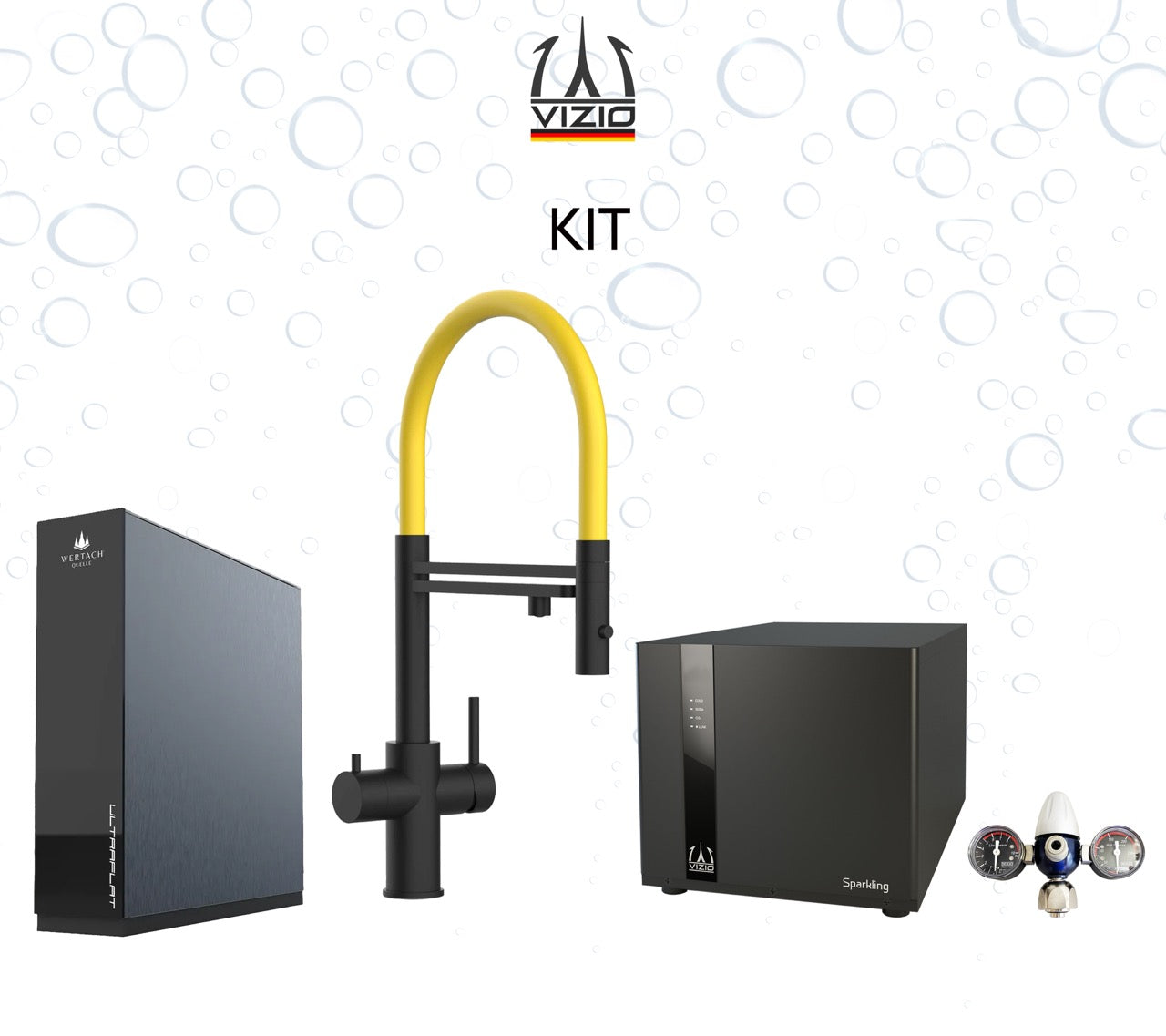Komplette Anlage: Sprudelanlage + 5 Wege Wasserhahn Küchenarmatur, Edelstahl Massiv mit 360° schwenkbarem Auslauf und abnehmbare 2 strahl Handbrause, PVD Schwarz Matt + CO2 Druckminderer + ULTRAFLAT Umkehrosmose Untertisch System