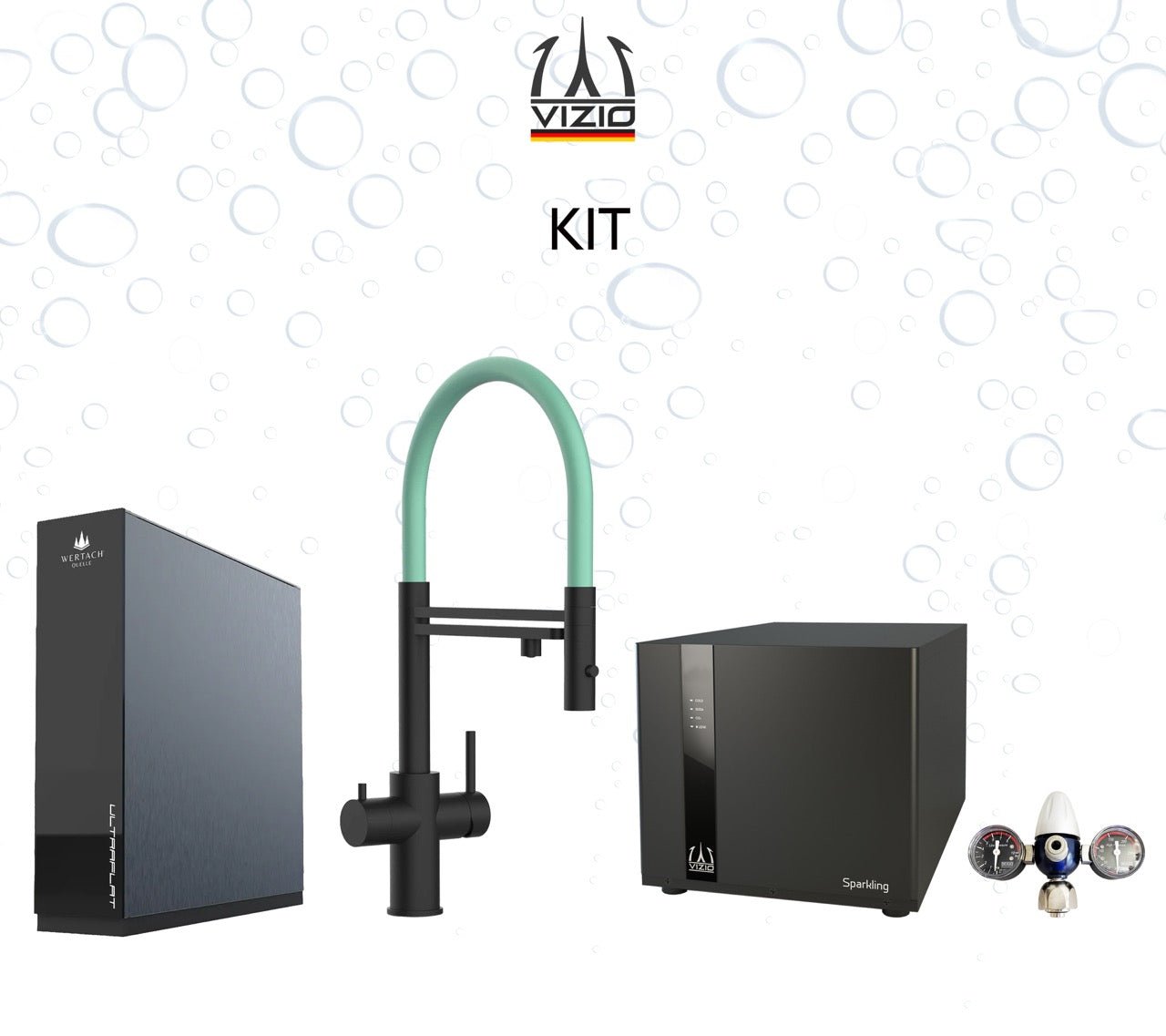 Komplette Anlage: Sprudelanlage + 5 Wege Wasserhahn Küchenarmatur, Edelstahl Massiv mit 360° schwenkbarem Auslauf und abnehmbare 2 strahl Handbrause, PVD Schwarz Matt + CO2 Druckminderer + ULTRAFLAT Umkehrosmose Untertisch System