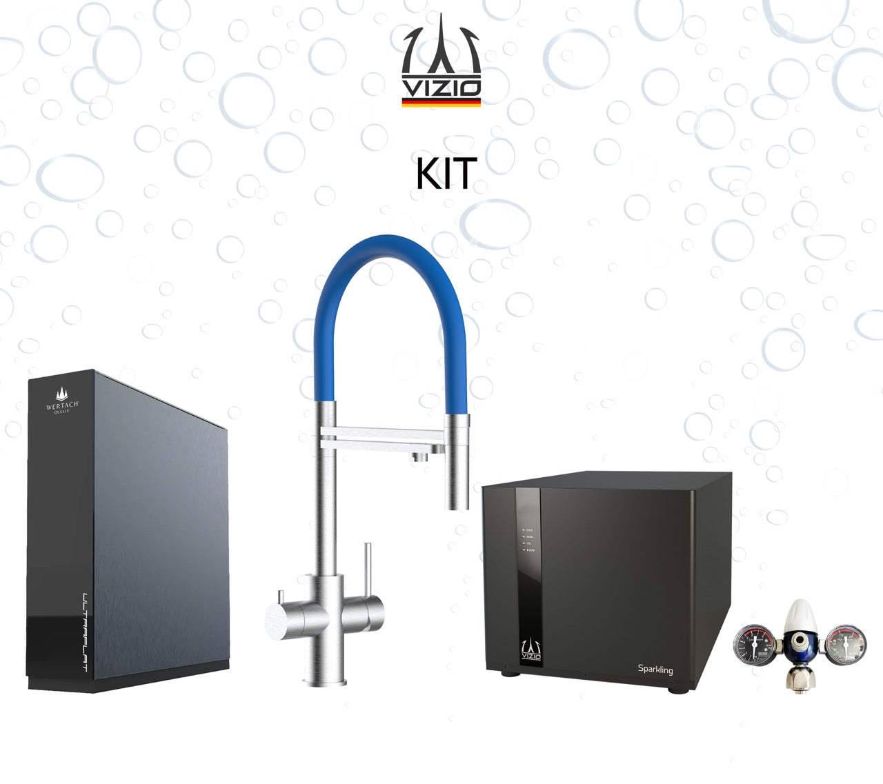 COMPLETE KIT 5 Way Kitchen Filter Tap in Solid STAINLESS STEEL with 360° swivel spout and 2-jets removable Spray, Brushed + SPARKLING Machine + CO2 pressure reducer + Wertach ULTRAFLAT Reverse Osmosis Filter System