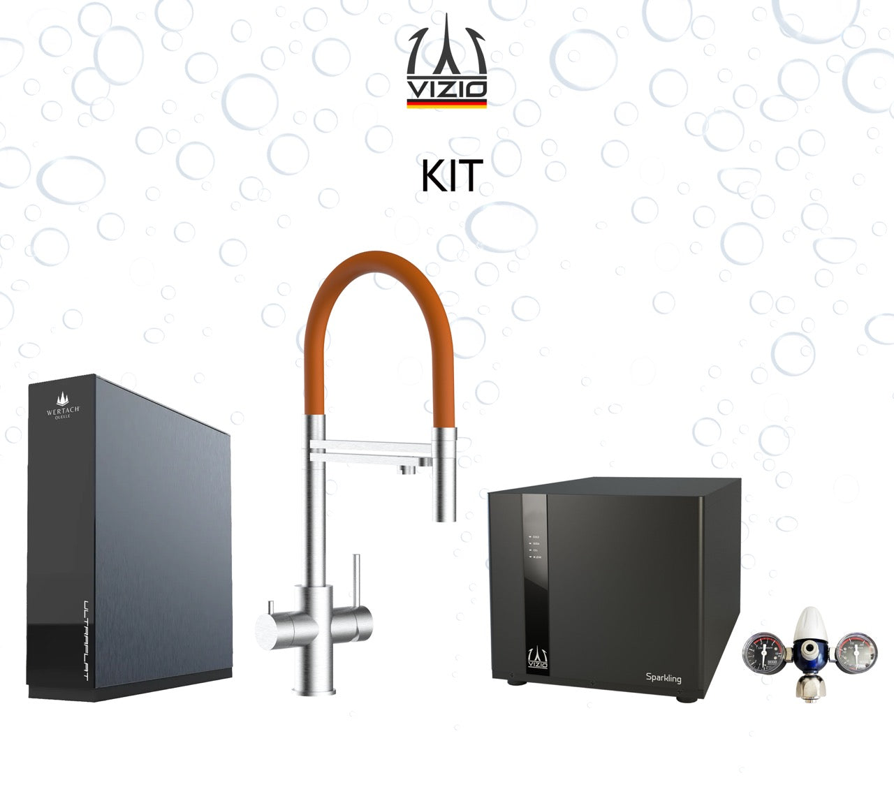COMPLETE KIT 5 Way Kitchen Filter Tap in Solid STAINLESS STEEL with 360° swivel spout and 2-jets removable Spray, Brushed + SPARKLING Machine + CO2 pressure reducer + Wertach ULTRAFLAT Reverse Osmosis Filter System